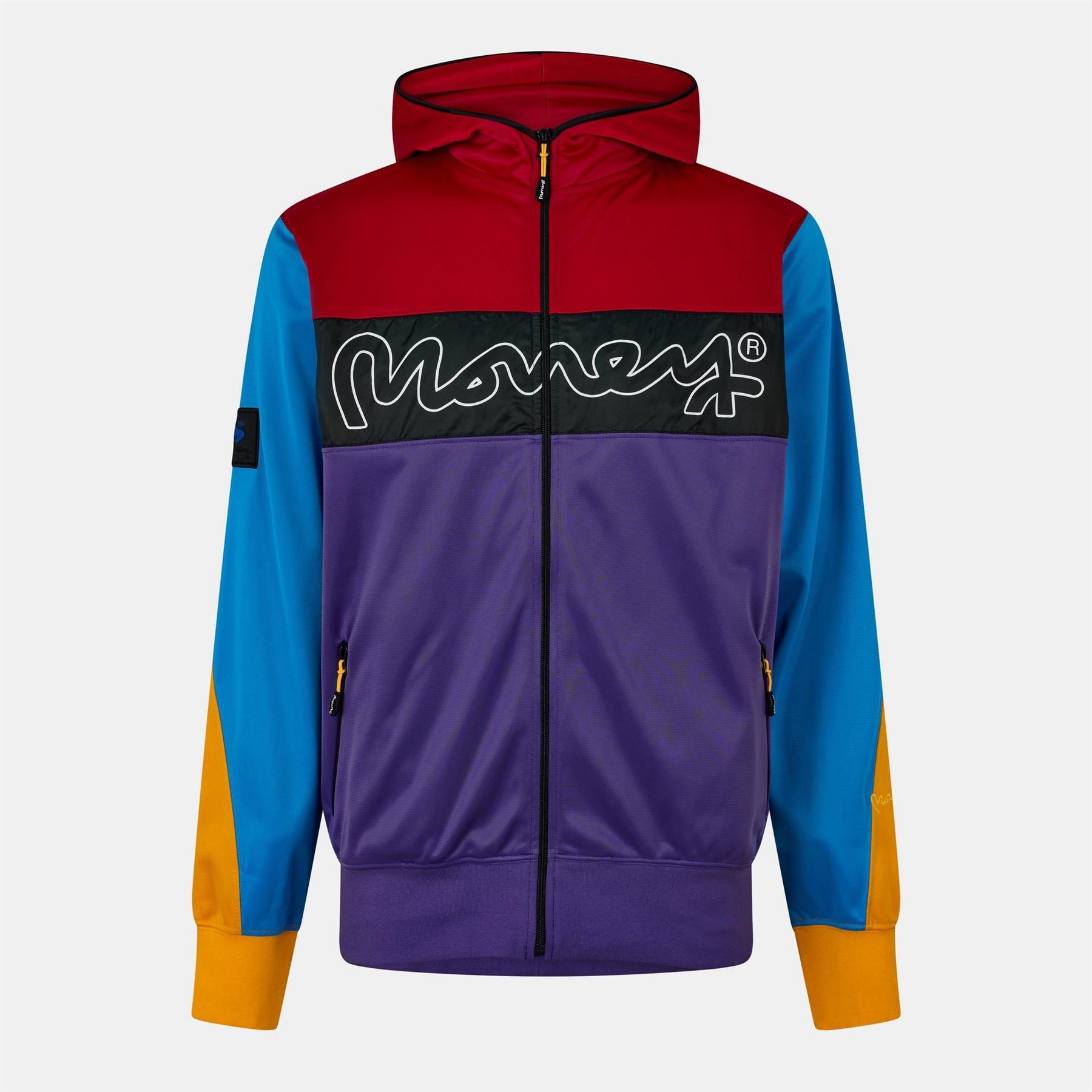 Money Hooded Neck Zipped Pocket Embroidered Bomber Jacket