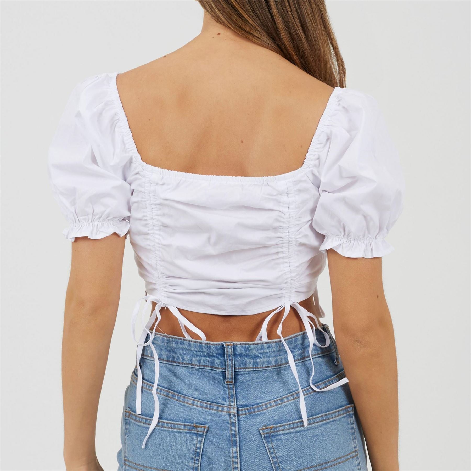Brave Soul Womens Puff Sleeve Top With Ruched And Tie Details.