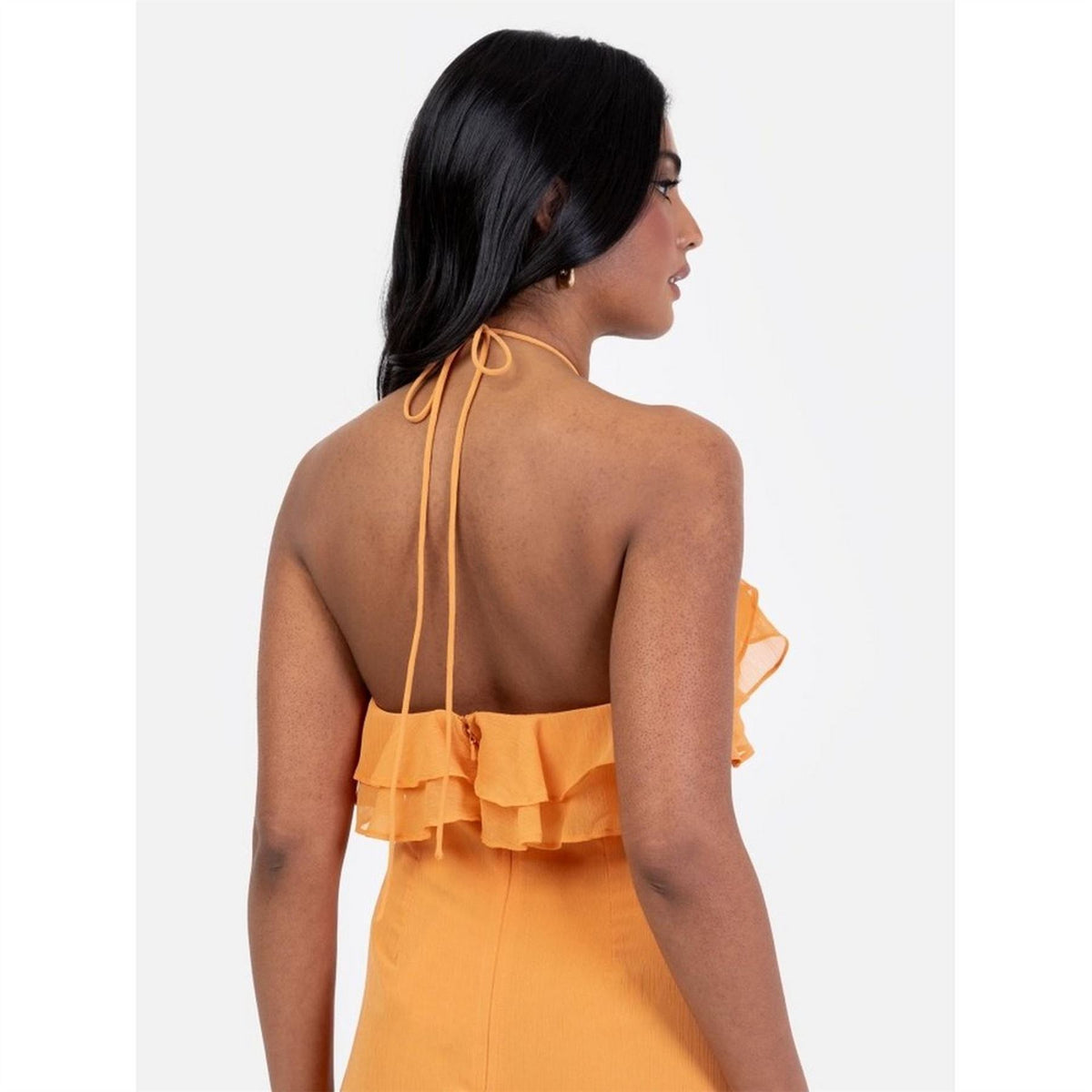 Maya Deluxe Orange Embellished Halter Neck Ruffled Maxi Dress