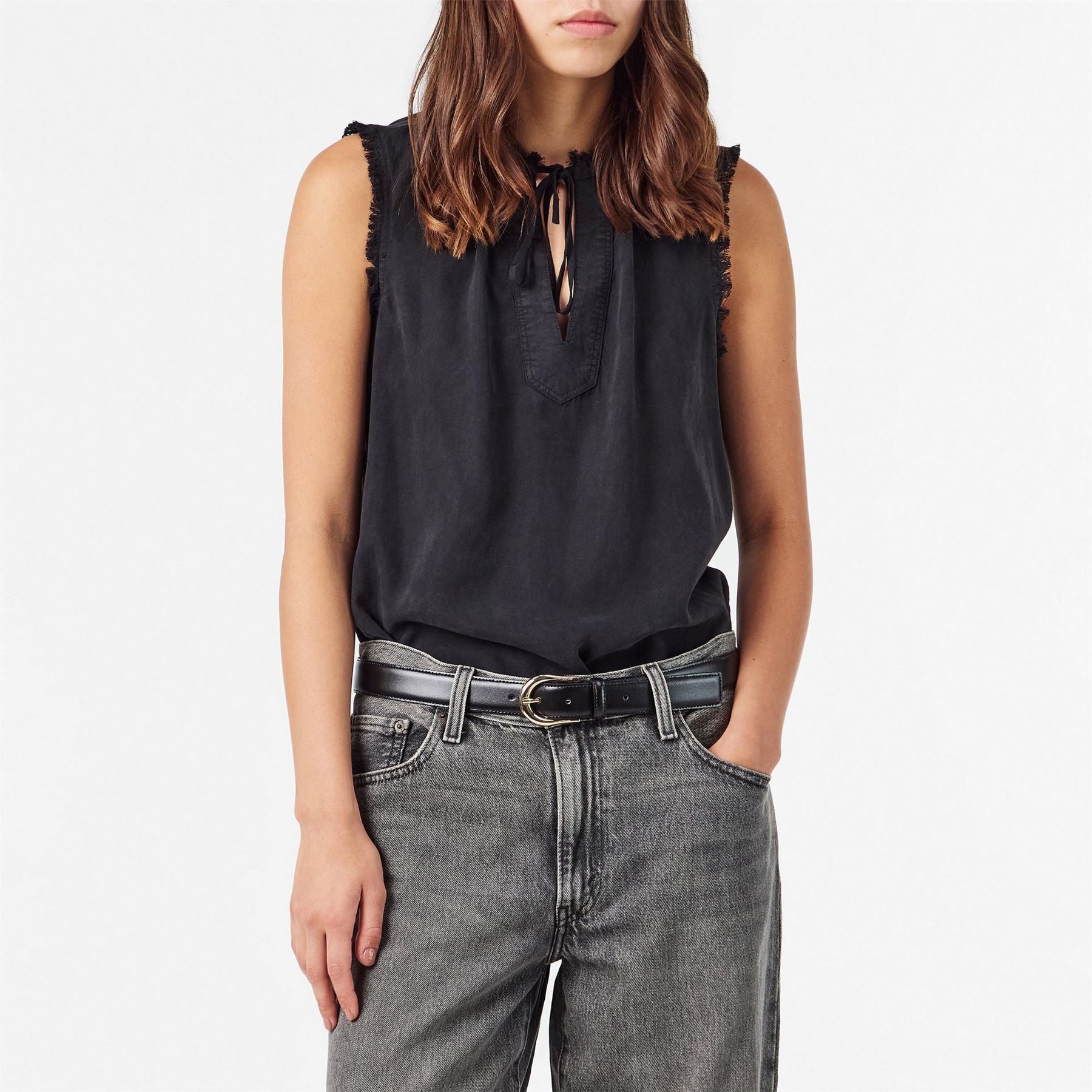 Bella Dahl Frayed Relaxed Fit Tie Neck Sweatshirt