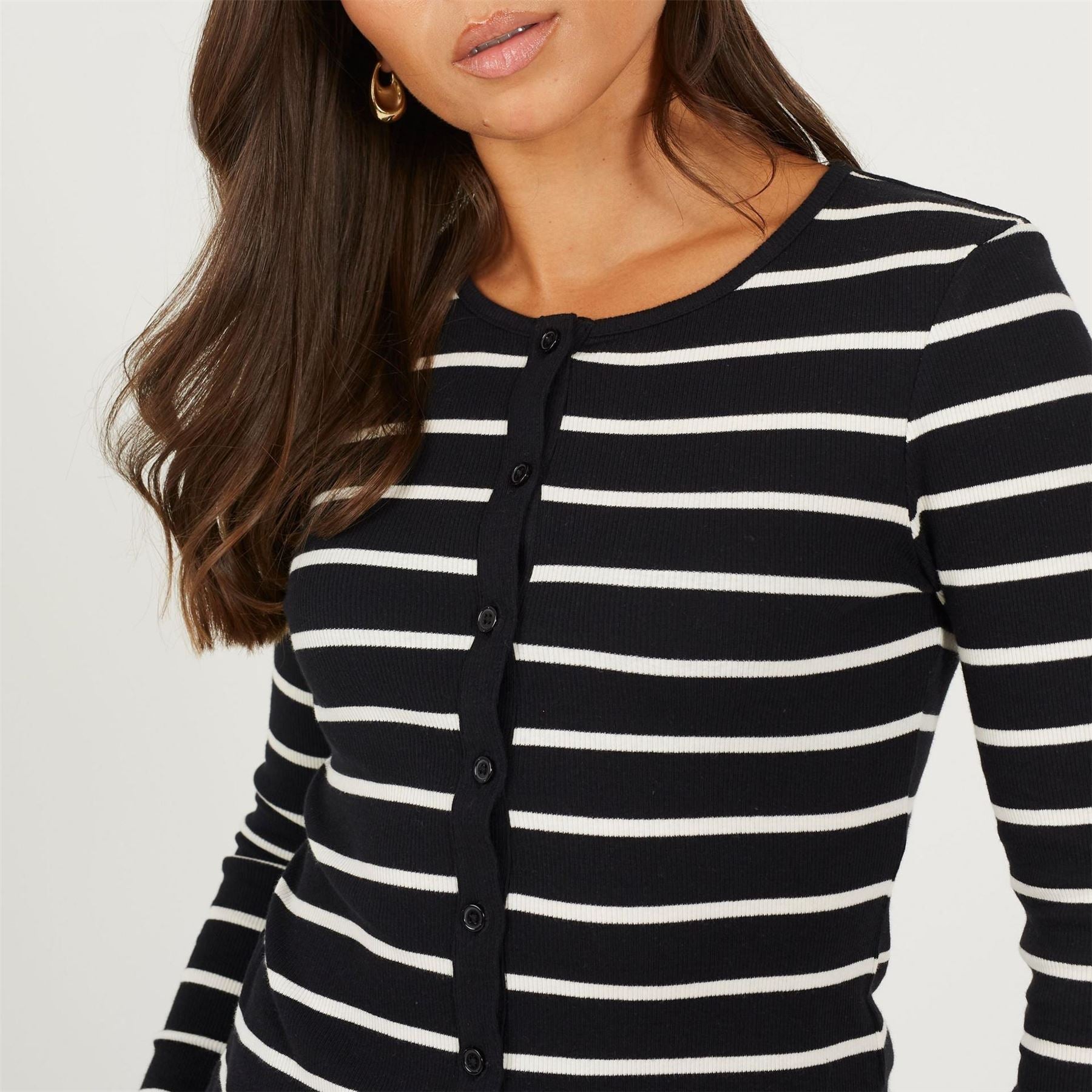 Brave Soul Womens Long Sleeve Button Down Striped Jersey Top