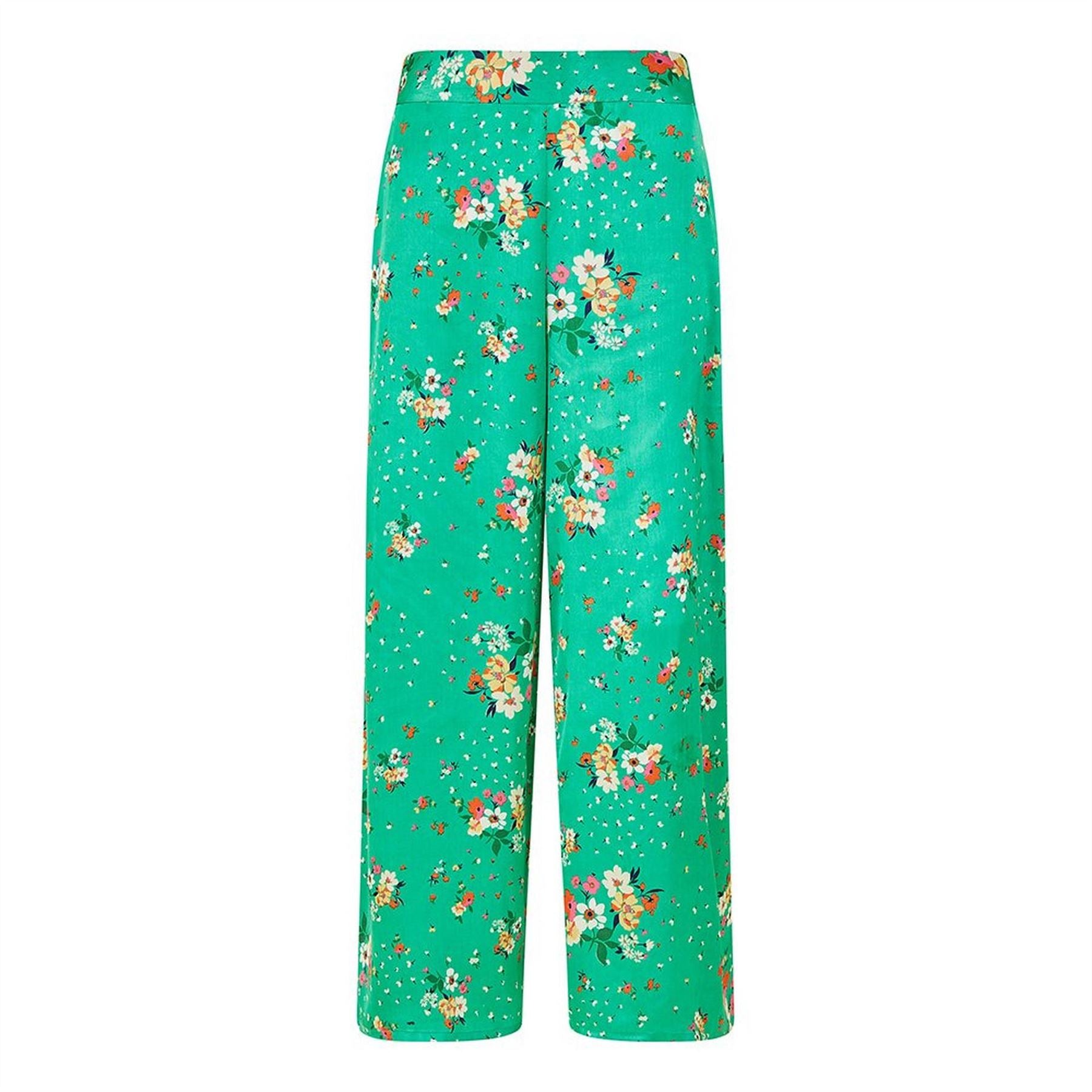 Yumi Green Floral Satin Wide Leg Trousers