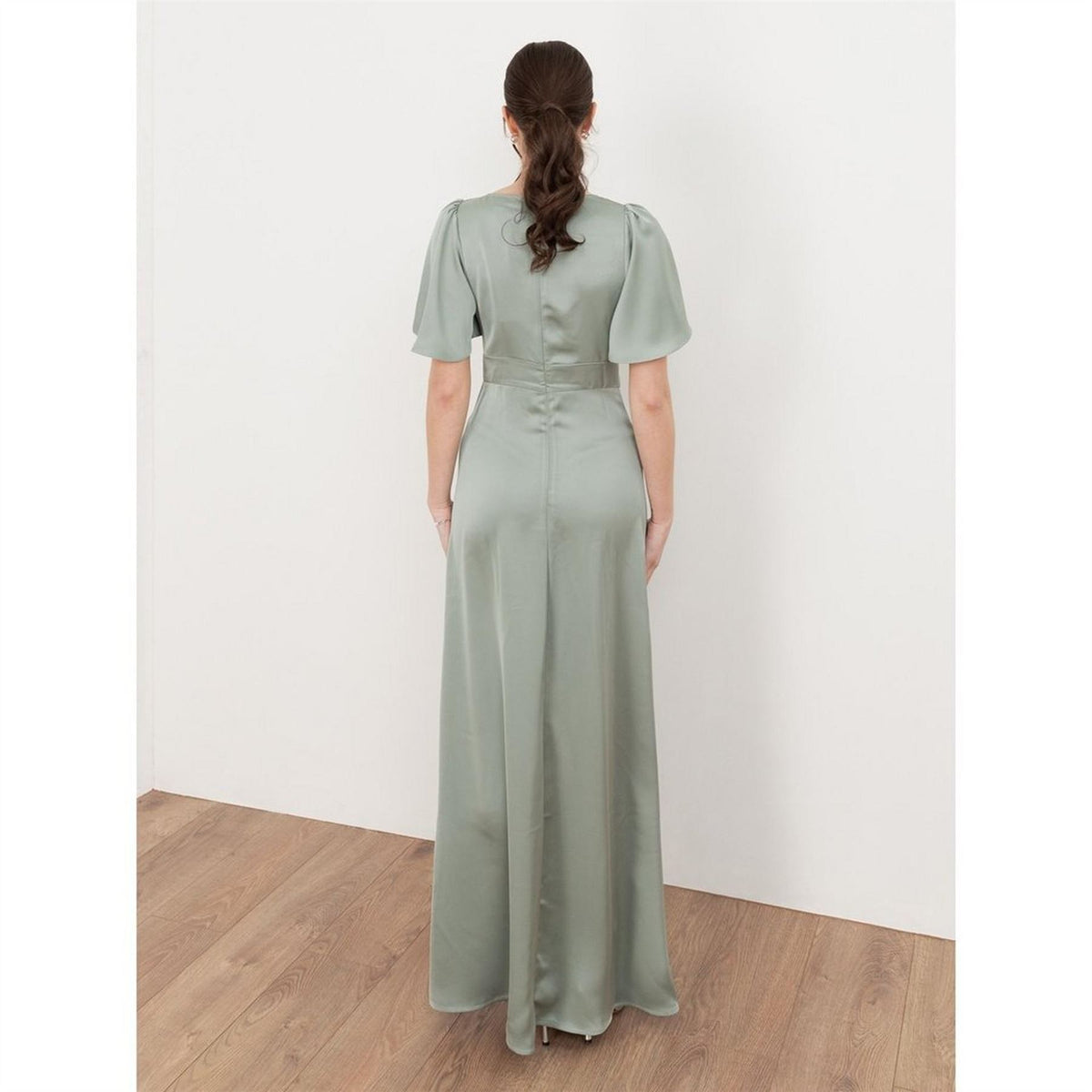 Maya Deluxe Angel Sleeve Satin Bridesmaid Maxi Dress With Split