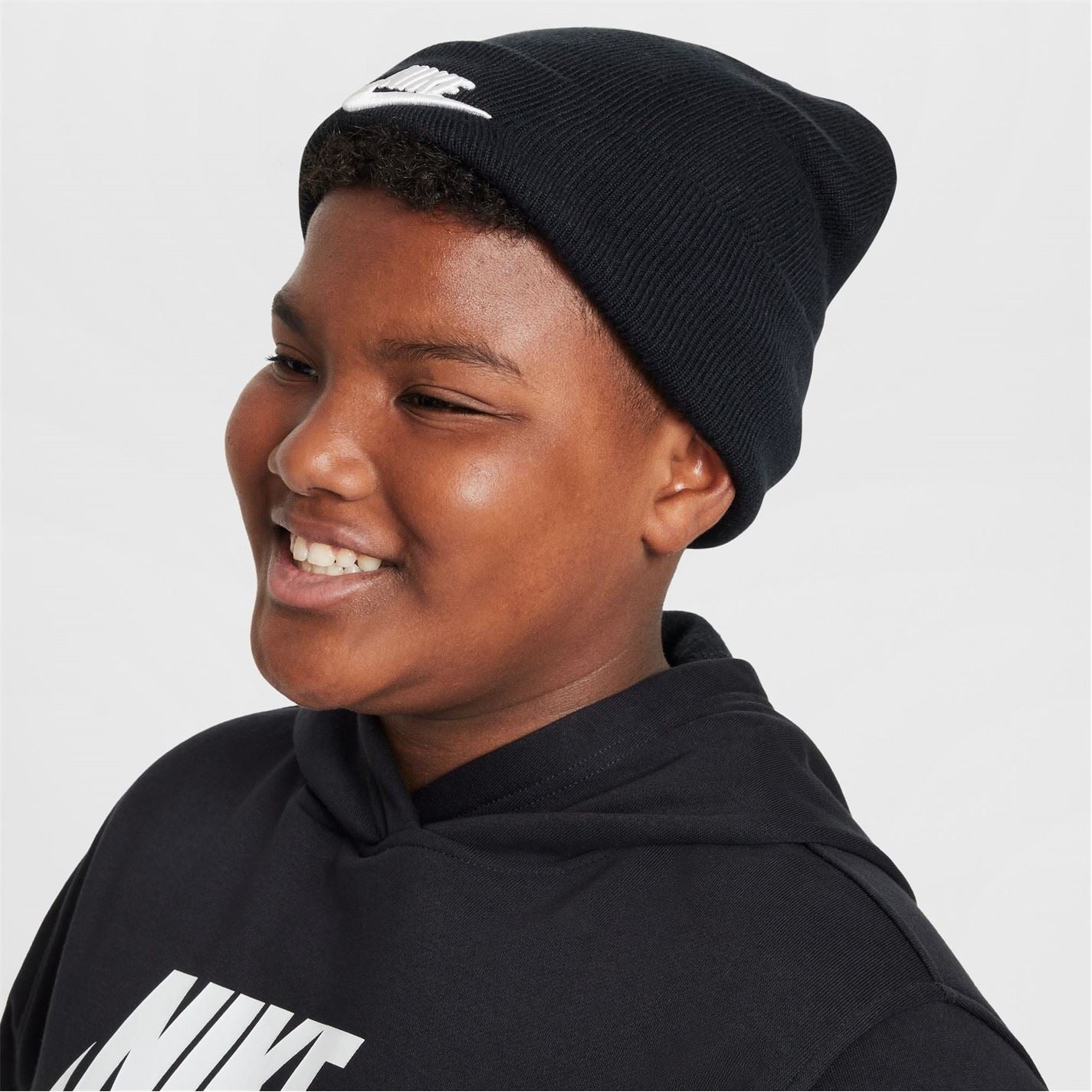 Nike Nsw Junior Wordmark Embroidered Logo Ribbed Cord Effect Fold Up Brim Beanie
