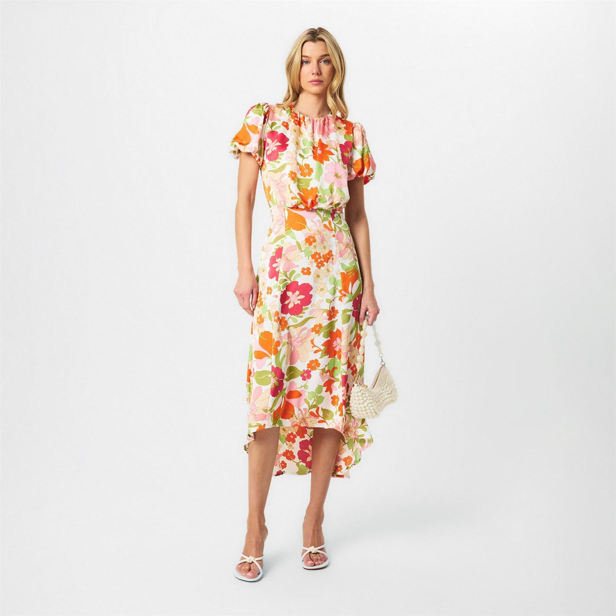 AX Paris Floral Printed Puff Sleeve Tie Waist Midi Dress