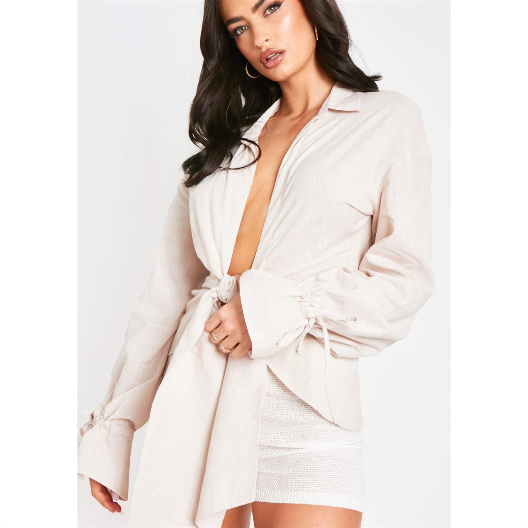Missy Empire Beige Linen Tie FronT-Shirt