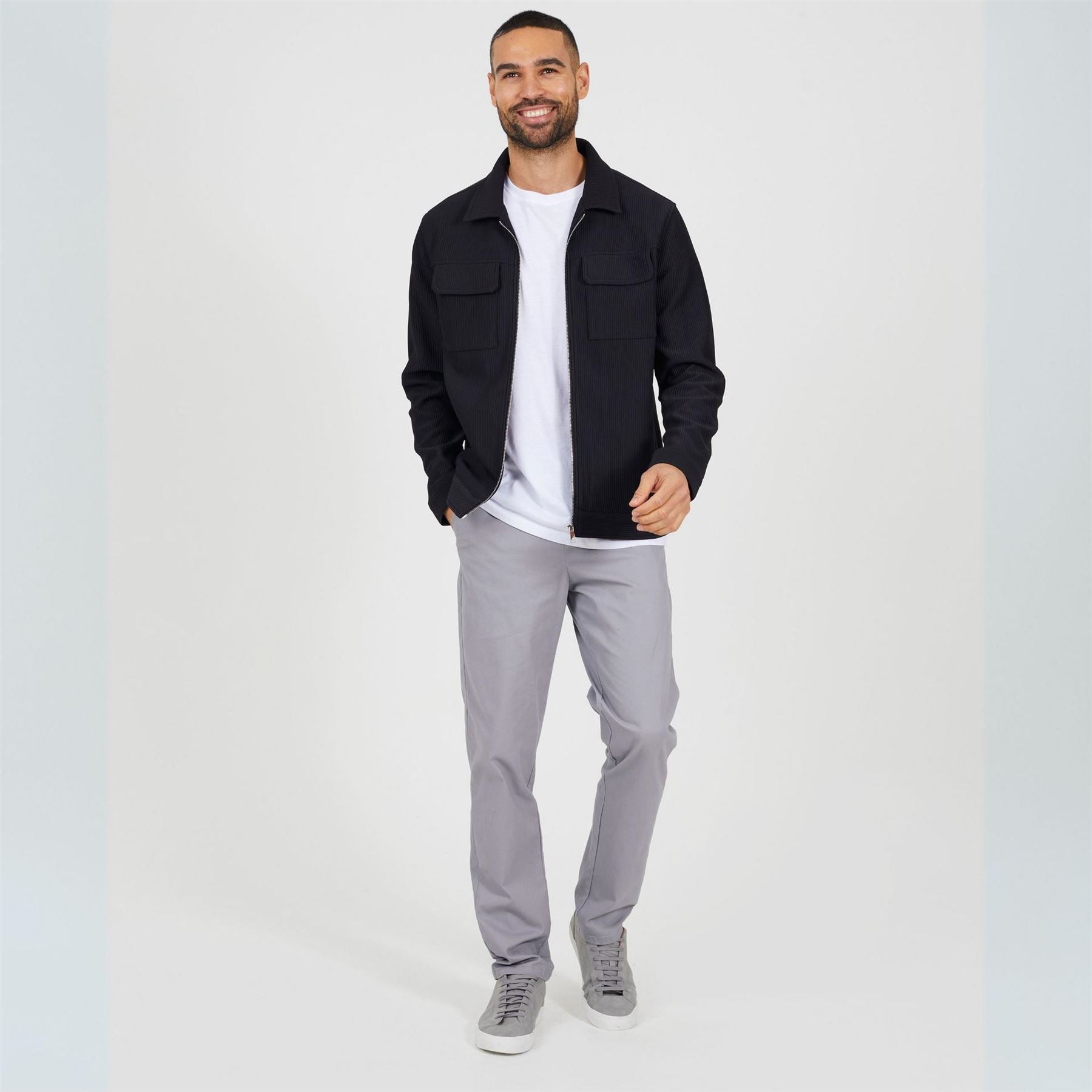 Brave Soul Ribbed Collared Jacket With Chest Pockets