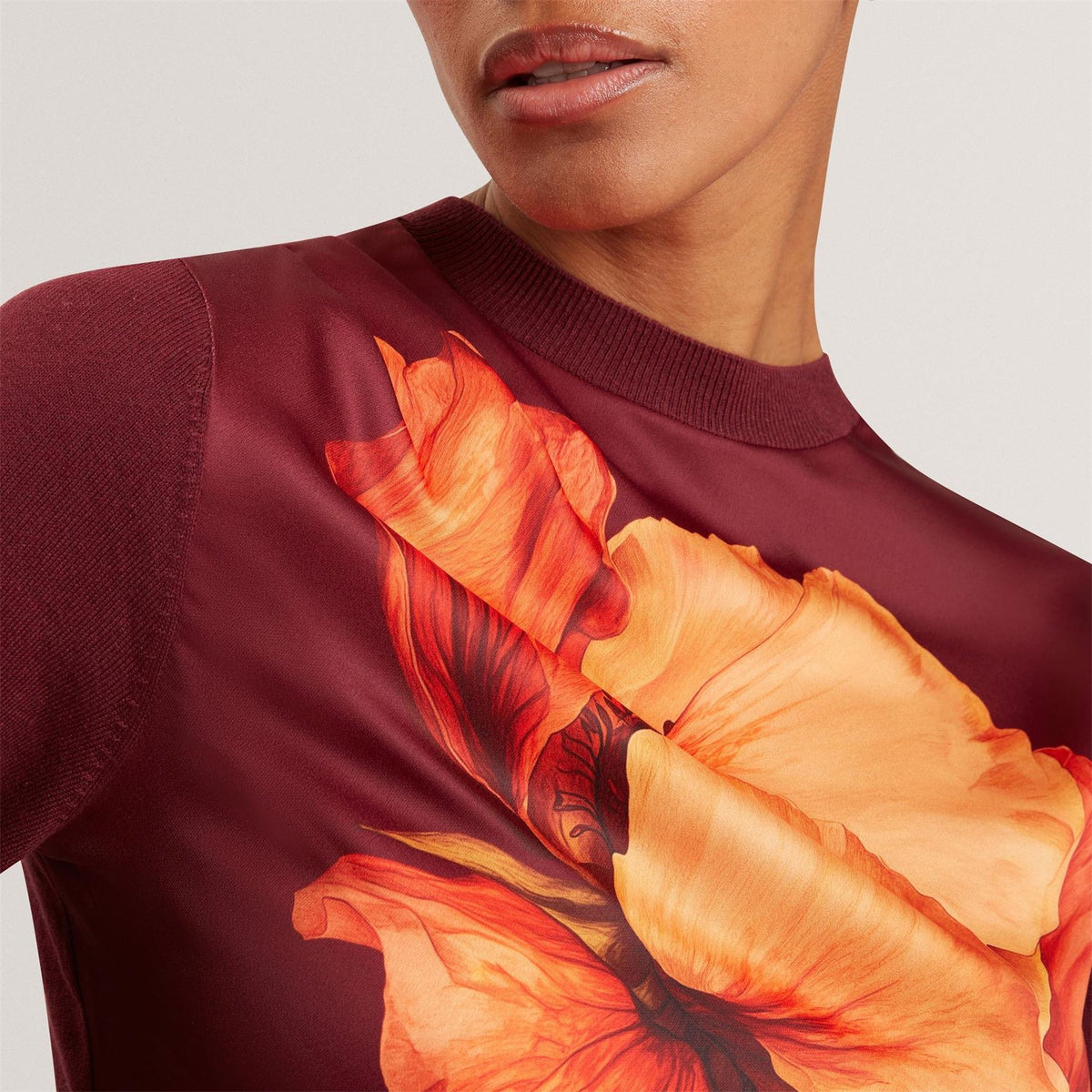 Ted Baker Printed Satin Front Fine Knit Top