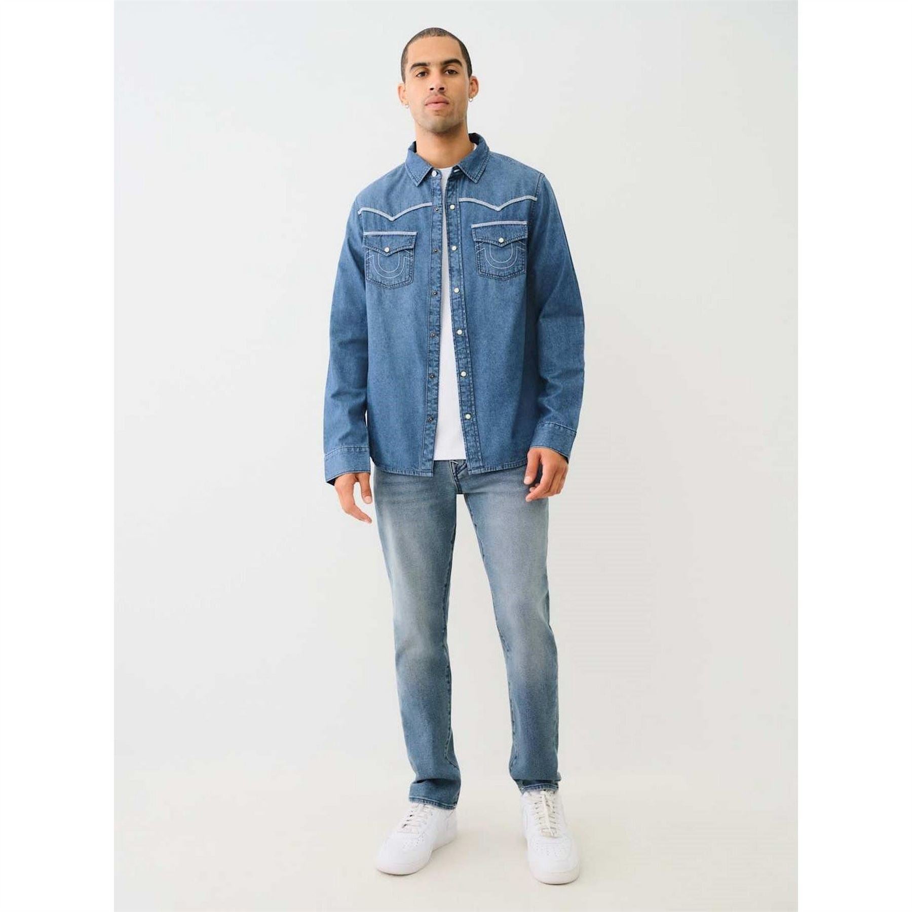 True Religion Mens Chambray Long Sleeve Flannel Shirt