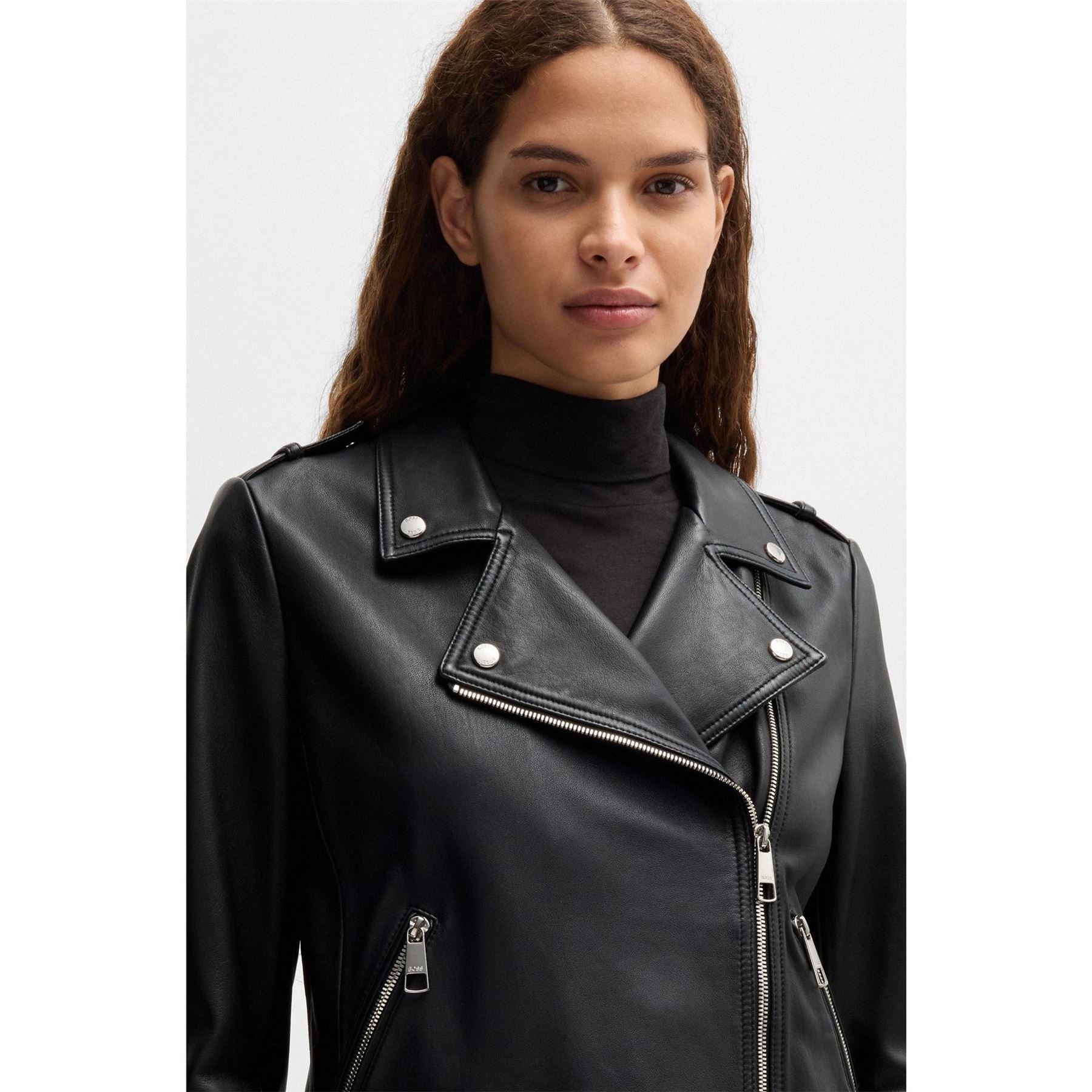 Boss Solid Patterned Asymmetric Zipper Lapel Collared Bike Jacket