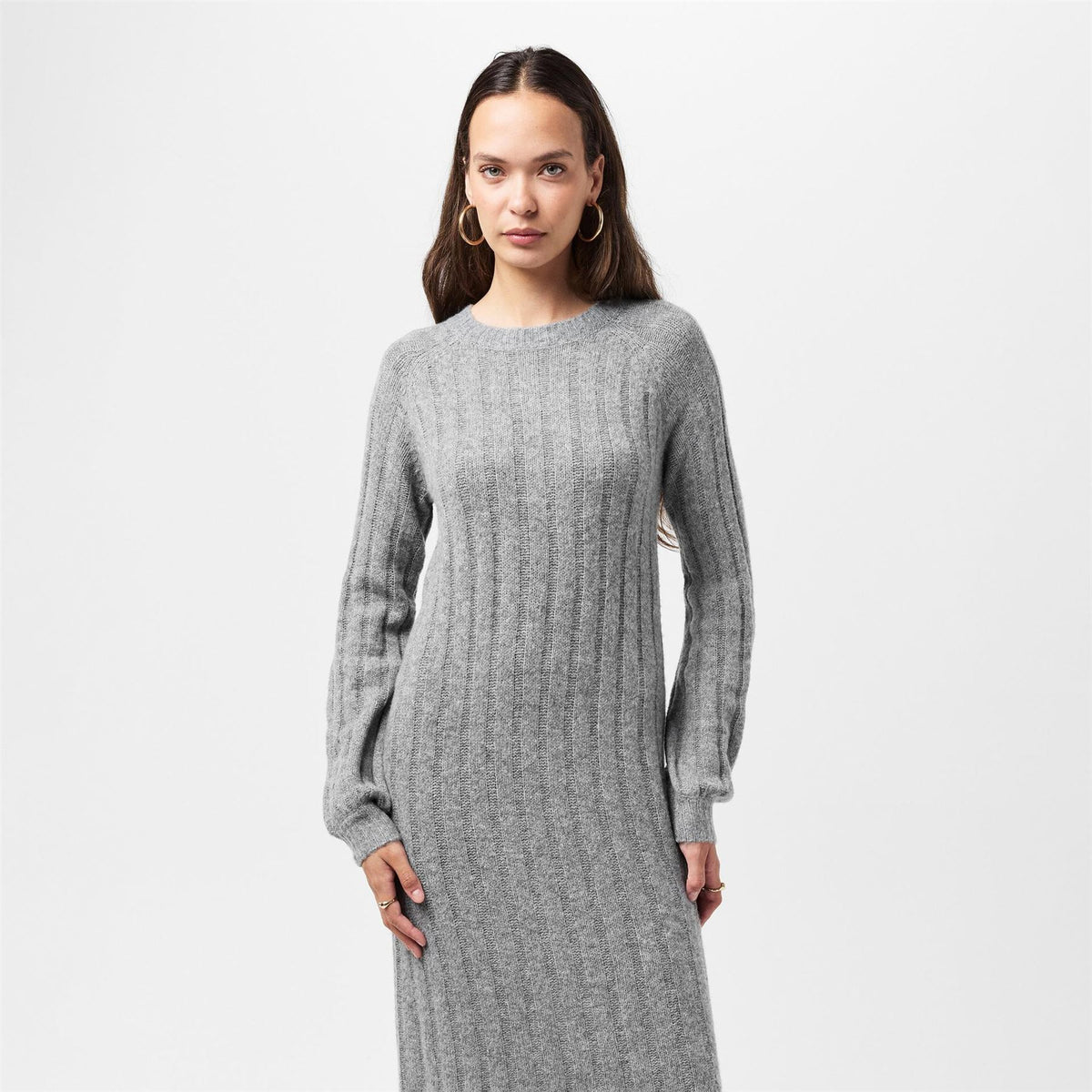 Pieces Knit Crew Neck Ribbed Cuff Midi Sweater Dress