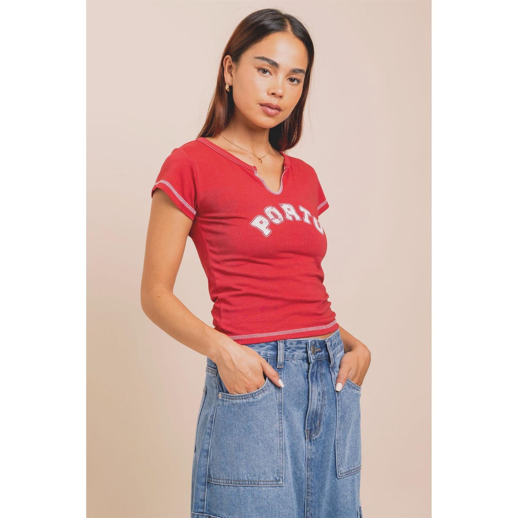 Daisy Street Cropped Notched Neck Lettering T-Shirt