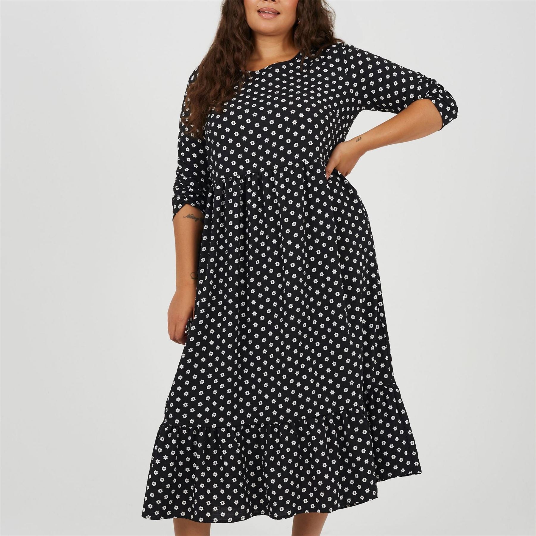Brave Soul Plus Size Polka Dot Midi Dress With Tiered Hem