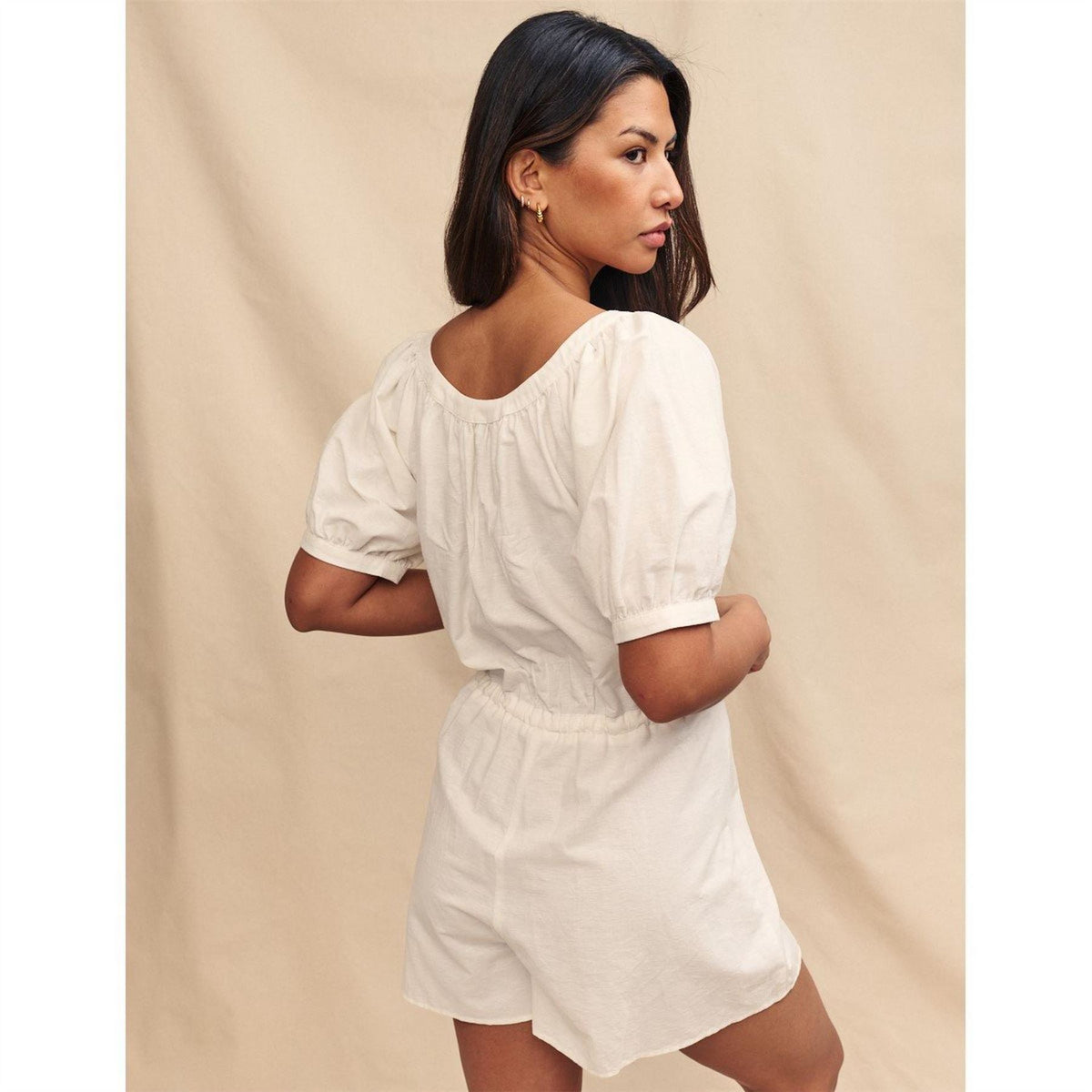 Nobodys Child Drawstring Short Puff Sleeve Solid Patterned Playsuit