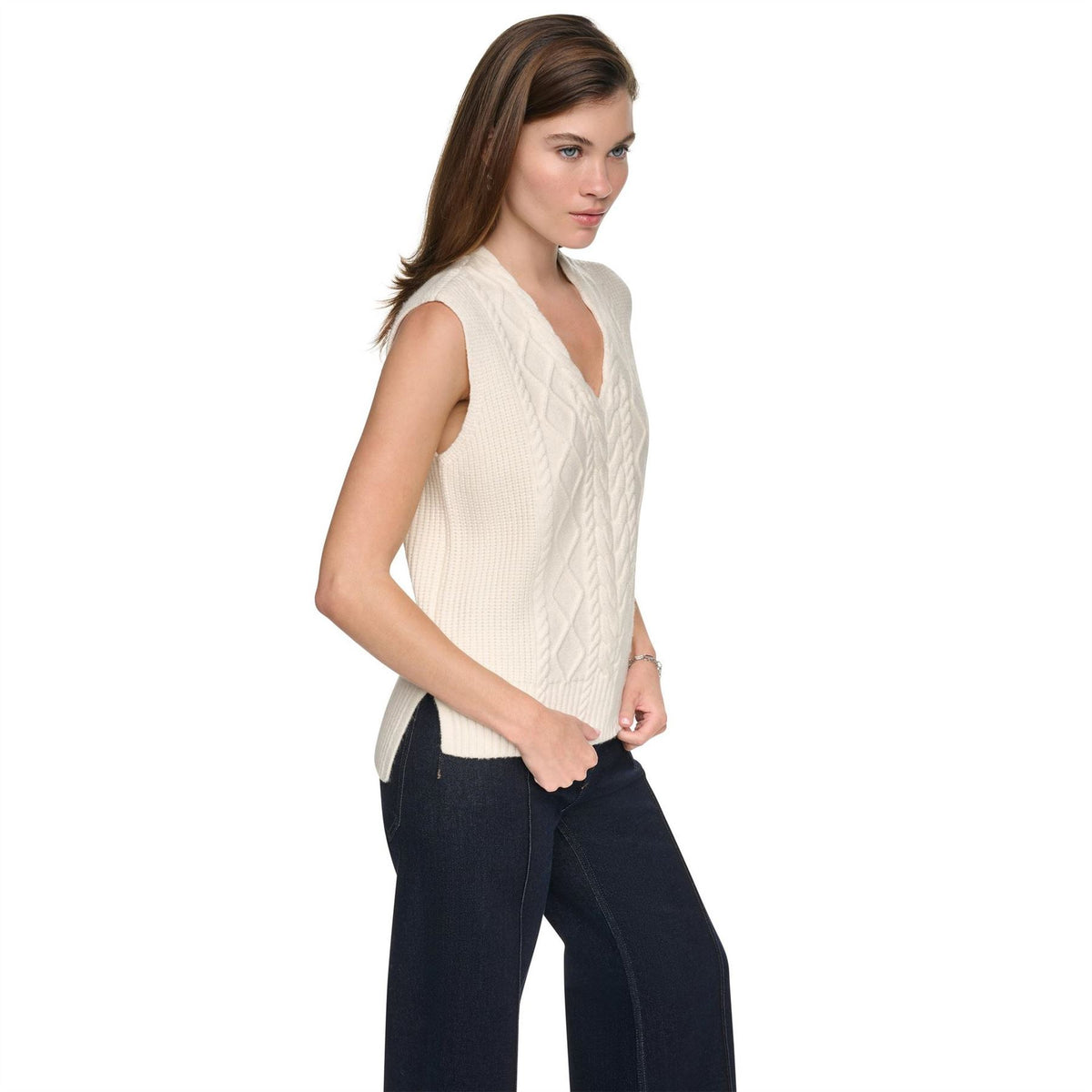 DKNY Sleeveless V Neck Cable Sweater