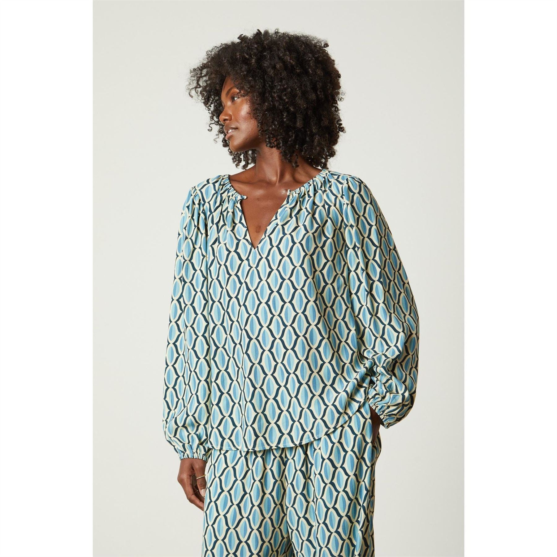 Velvet by Graham and Spencer Geo V-Neck Bishop Sleeve Blouse