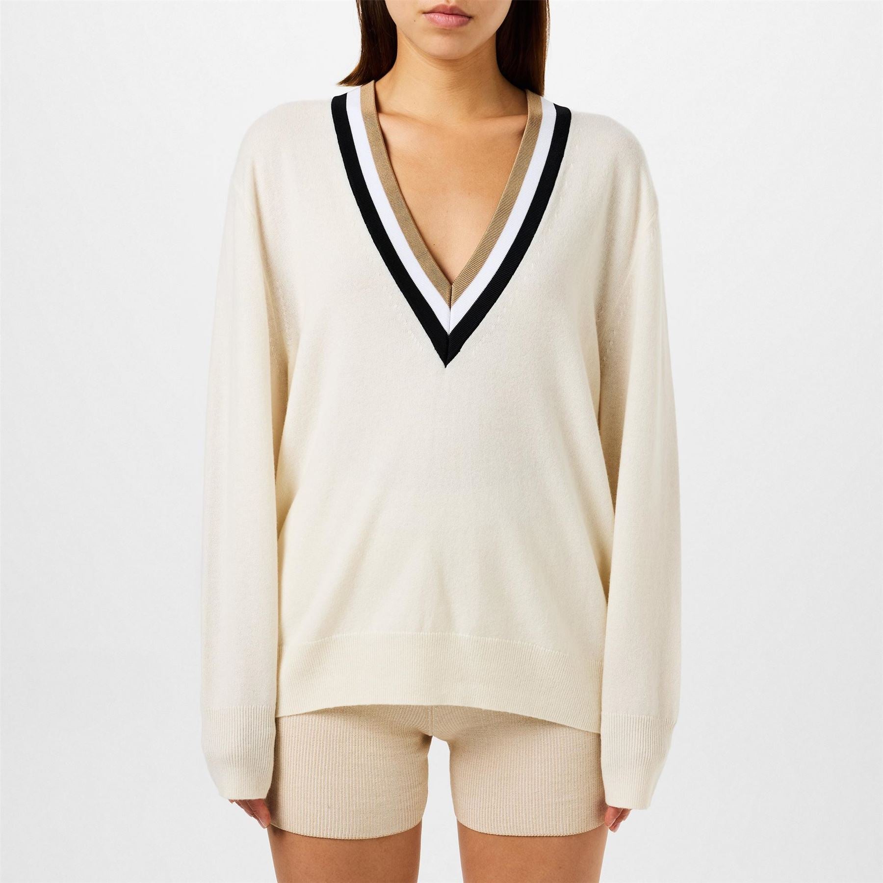 Boss Felipina Knitted Jumper, V Neckline, Stripes