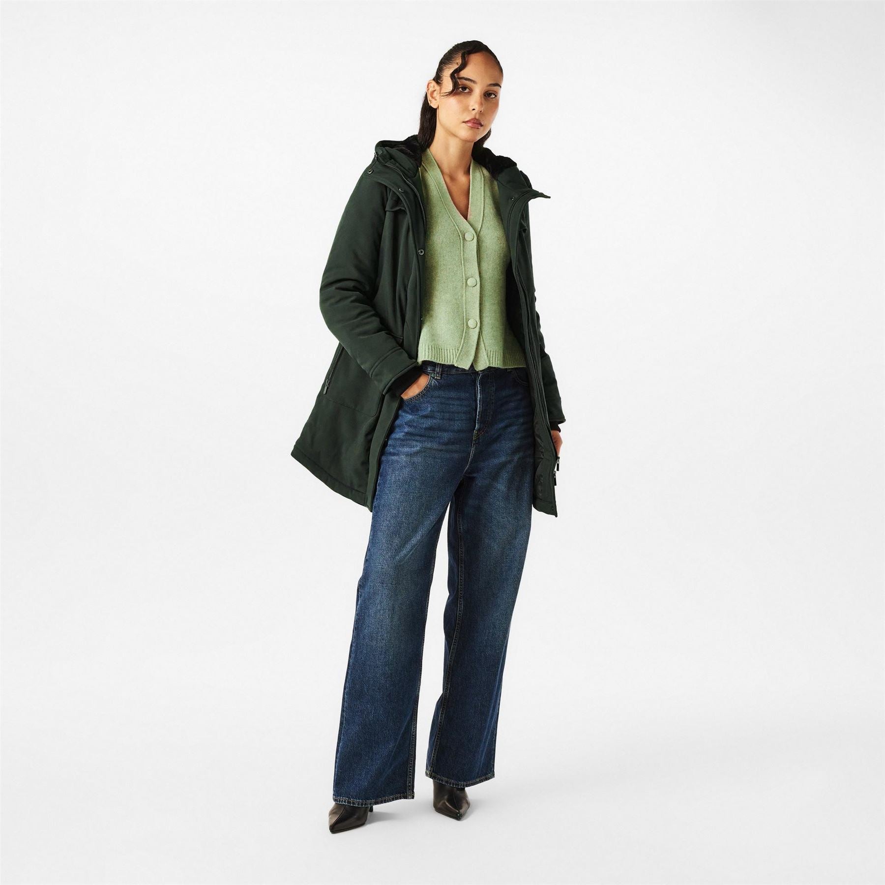 Only Hooded Neck Solid Patterned Parka Coat with Ribbed Cuff