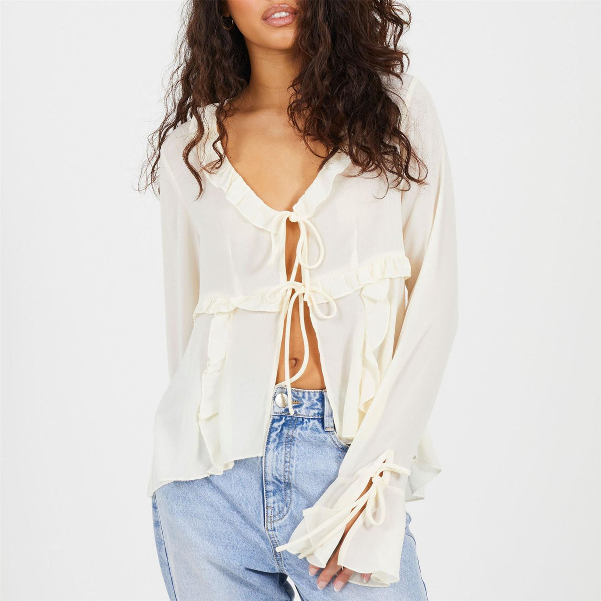 Brave Soul Womens Long Sleeve Frill Top With Front Tie Detail