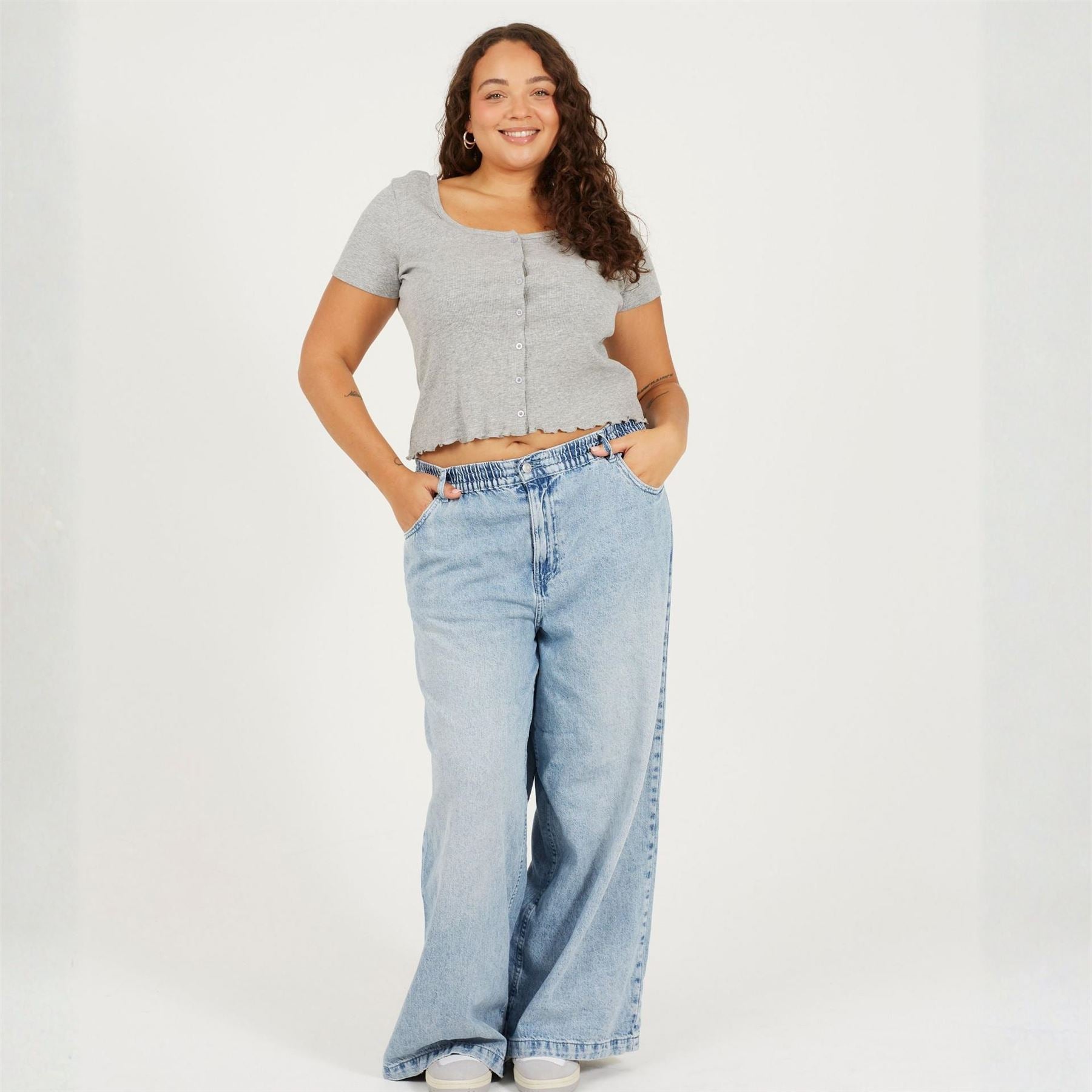 Brave Soul Plus Size Button Through Short Sleeve Top With Lettuce Hem