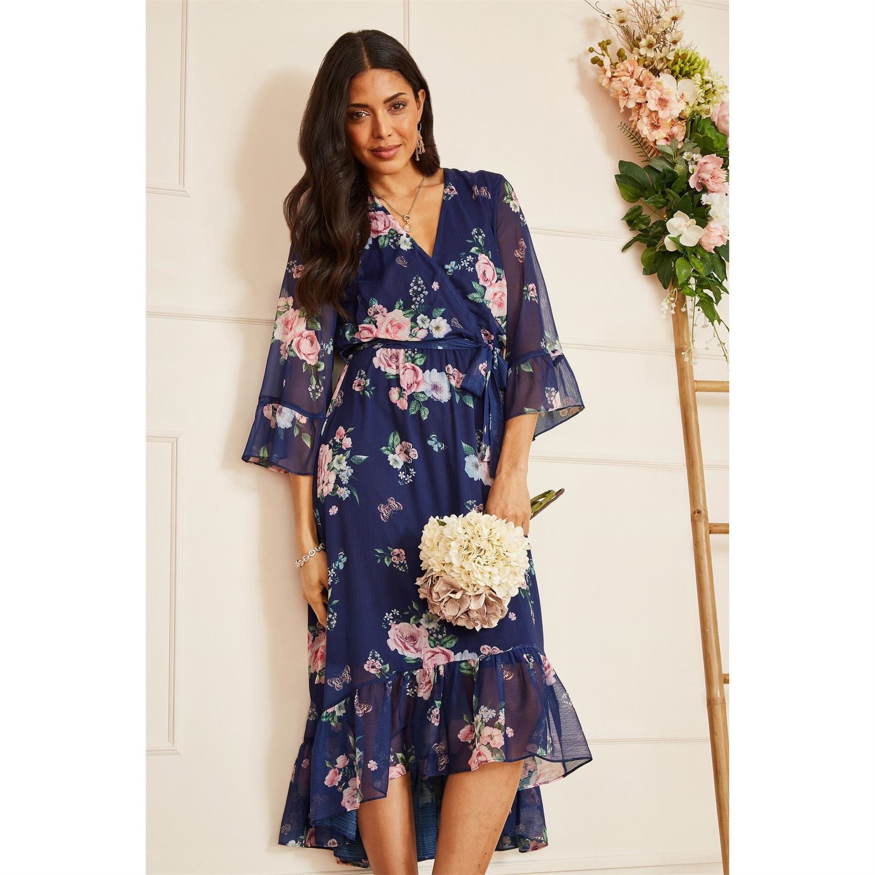 Yumi Floral Wrap Dress With Dipped Hem