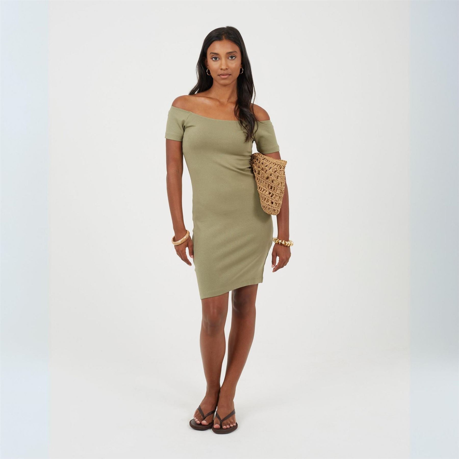 Brave Soul Off The Shoulder Short Sleeve Knee Length Bodycon Dress