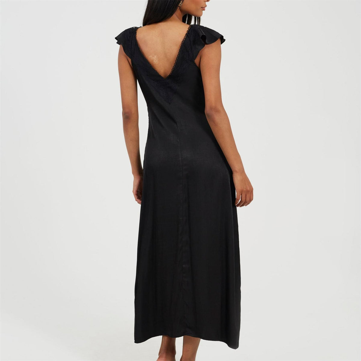 Brave Soul Lace Trim V Neck Midi Dress with Frill
