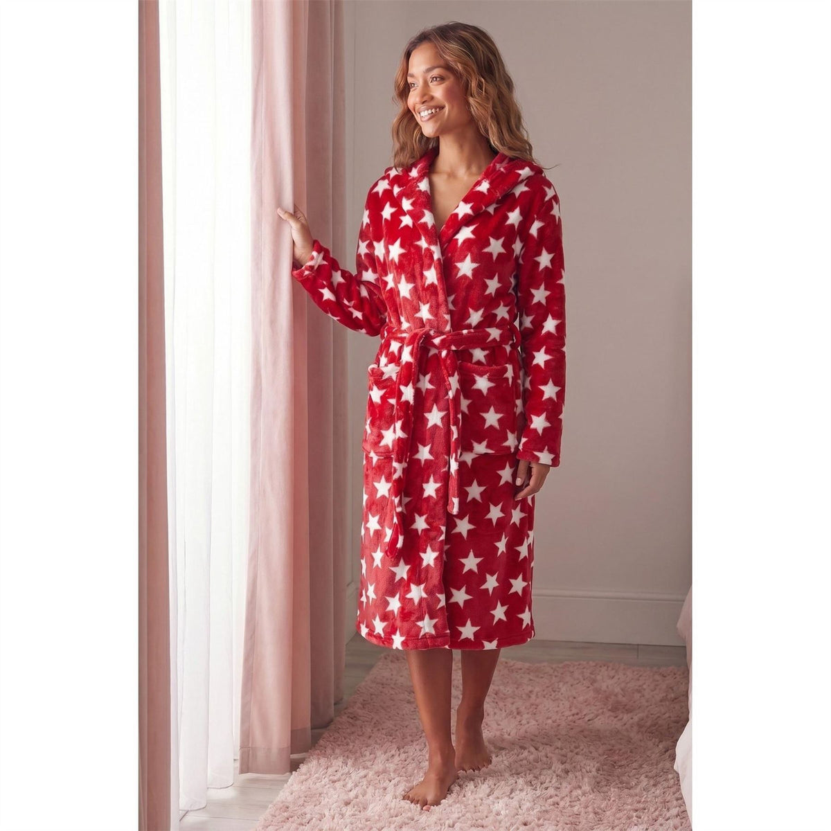 Camille Womens Supersoft Fleece Hooded Calf Length Bathrobe