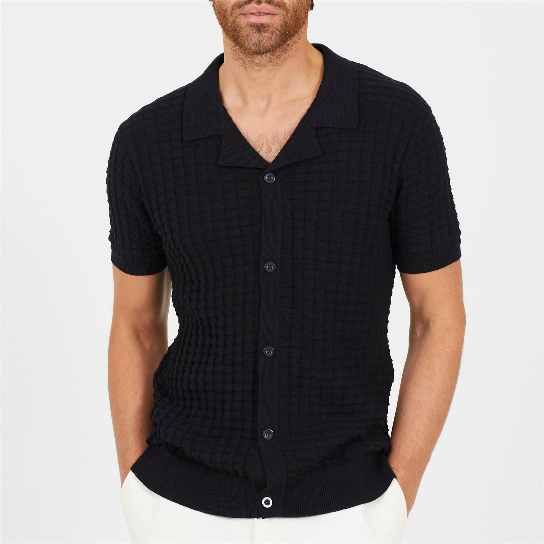 Brave Soul Mens Short Sleeve Revere Collar Jacquard KniT-Shirt