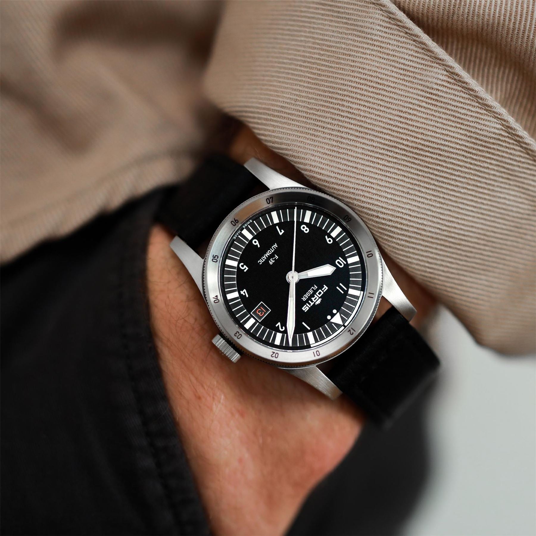 Fortis Flieger Stainless Steel Leather Strap Automatic Auto Analogue Watch