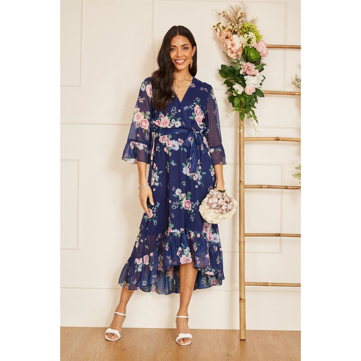 Yumi Floral Wrap Dress With Dipped Hem