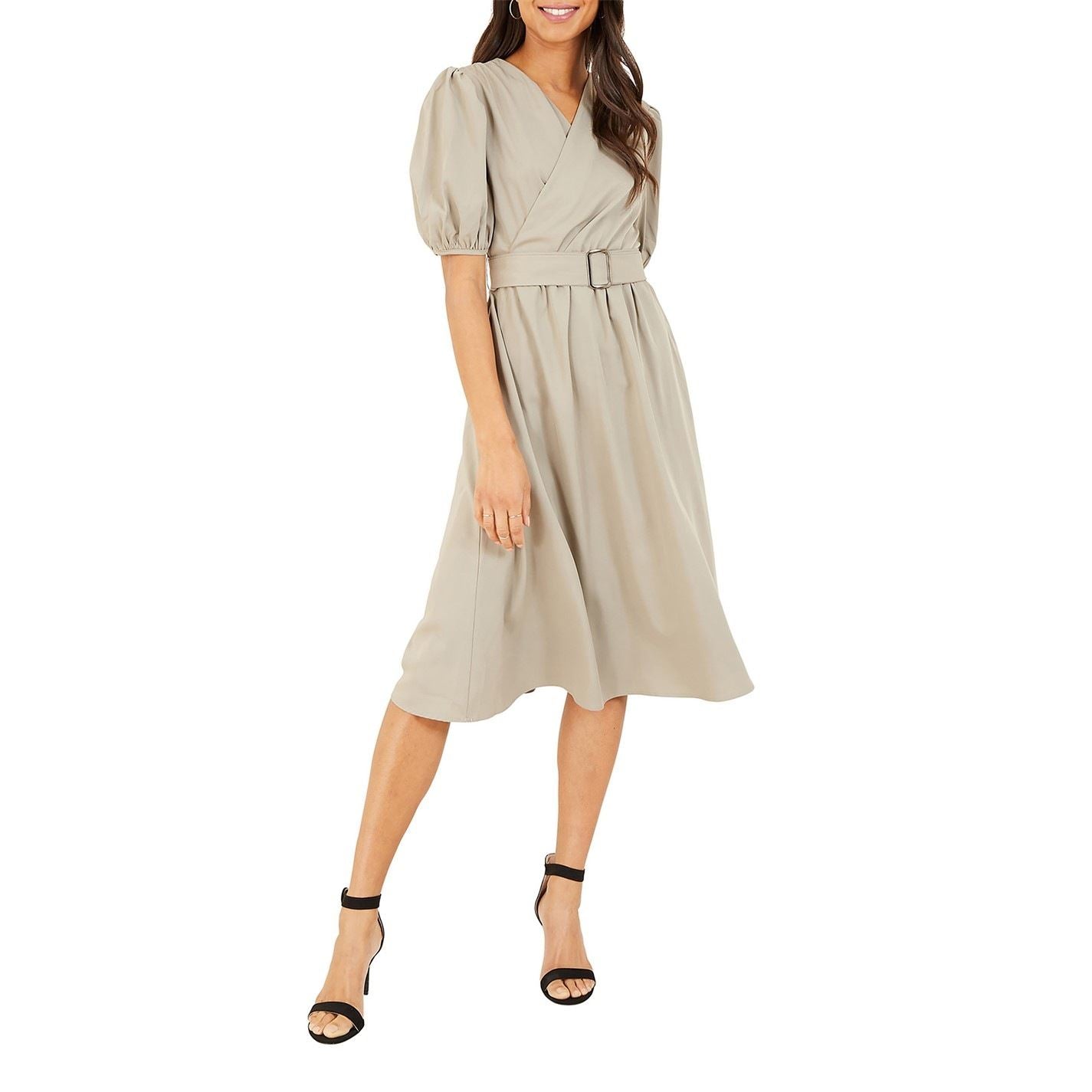 Yumi Sleeve Belted Midi Dress In Grey
