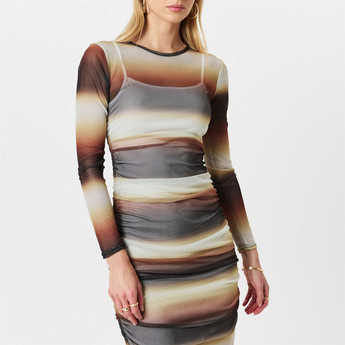 AX Paris Ombre Printed Mesh Overlay Long Sleeve Bodycon Midi Dress