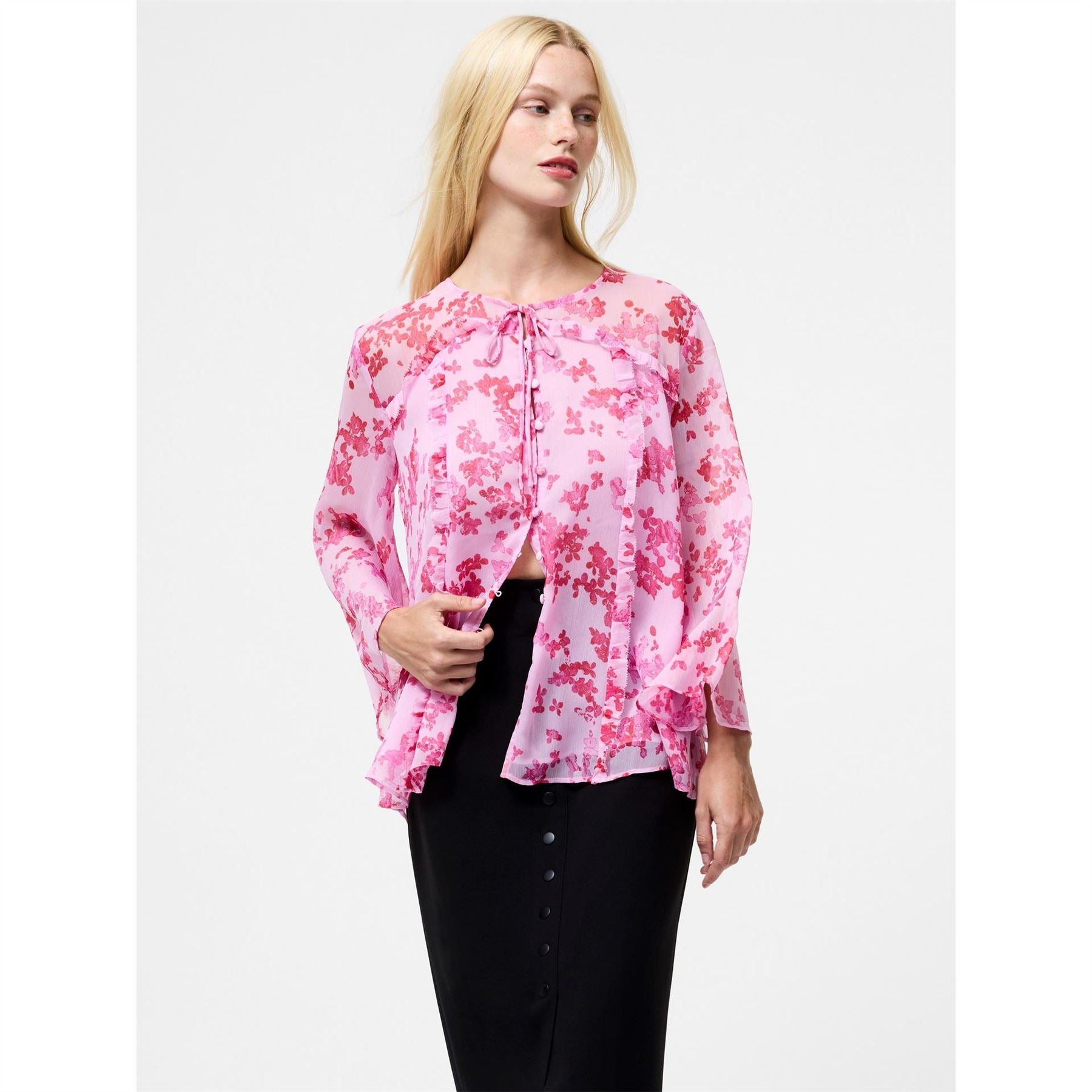 French Connection Isla Relaxed Fit Bell Sleeve Tie Neck Blouse