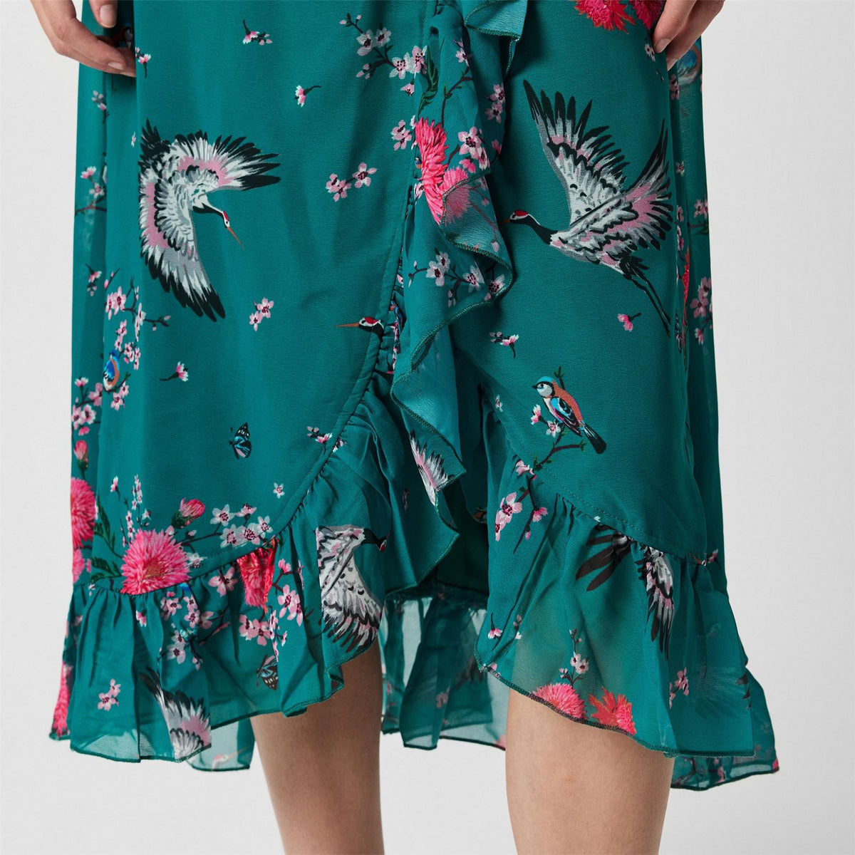 Yumi Crane Print V-Neck Midi Wrap Dress