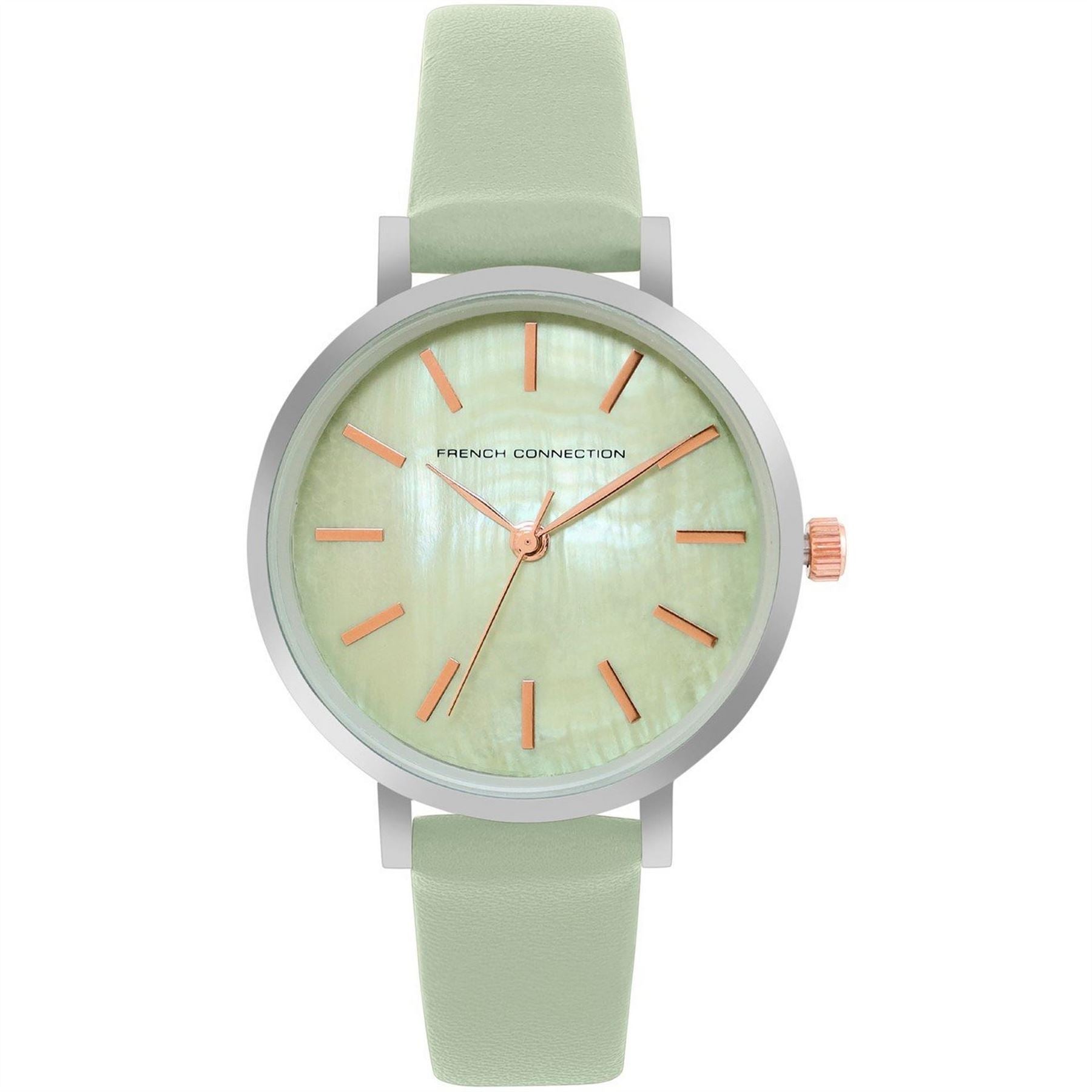 French Connection Connection Silver Case Round Shape Sea Green Strap Quartz Watch