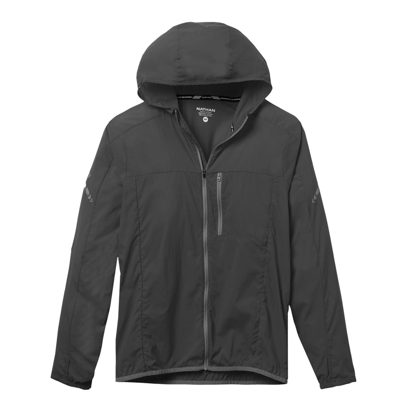 Nathan Stealth Solid Patterned Hooded Windbreaker with Zipped Pocket and Reflective Ribbon