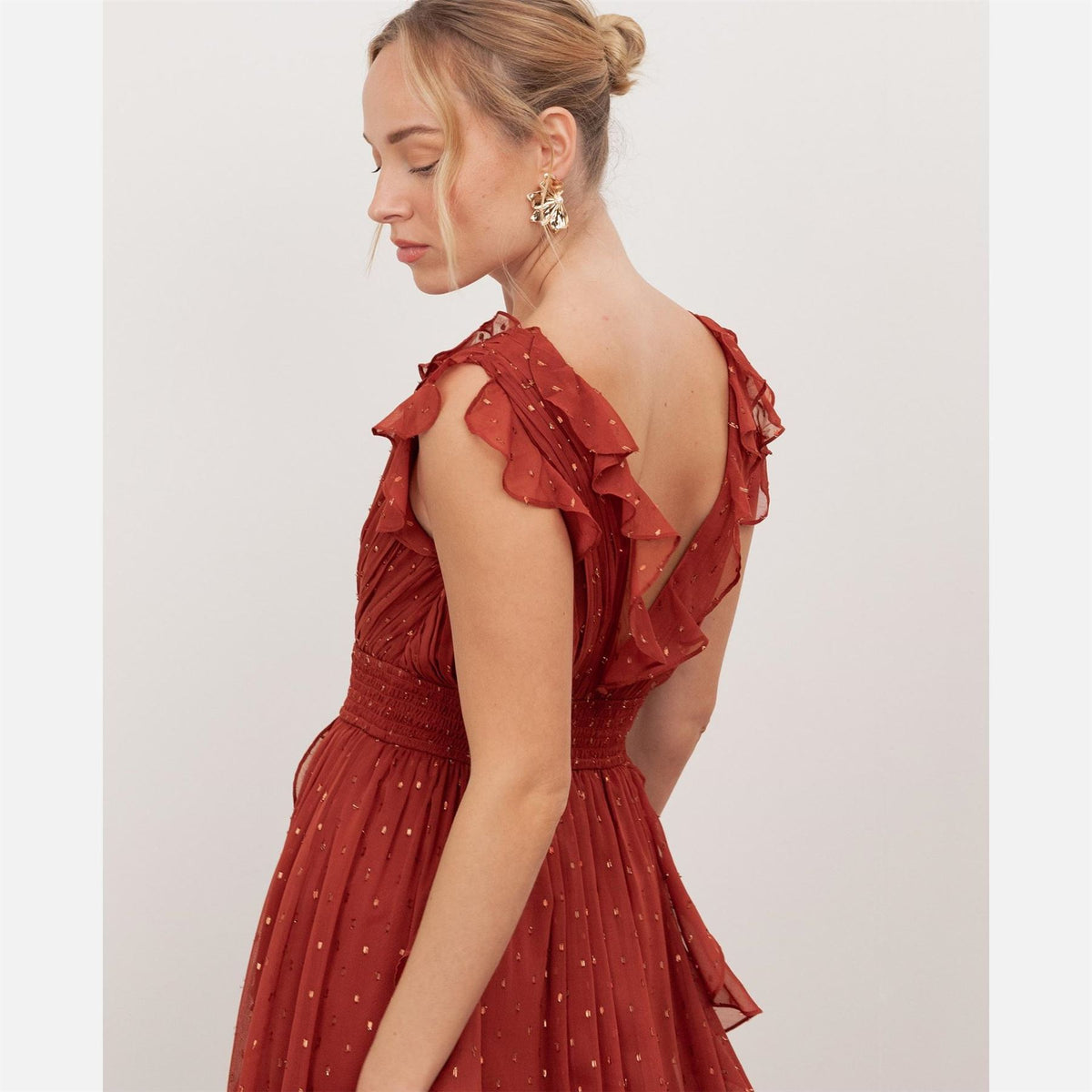 Anaya With Love With Love Recycled Chilli Red Plunge Neck Waterfall Ruffle Maxi Dress