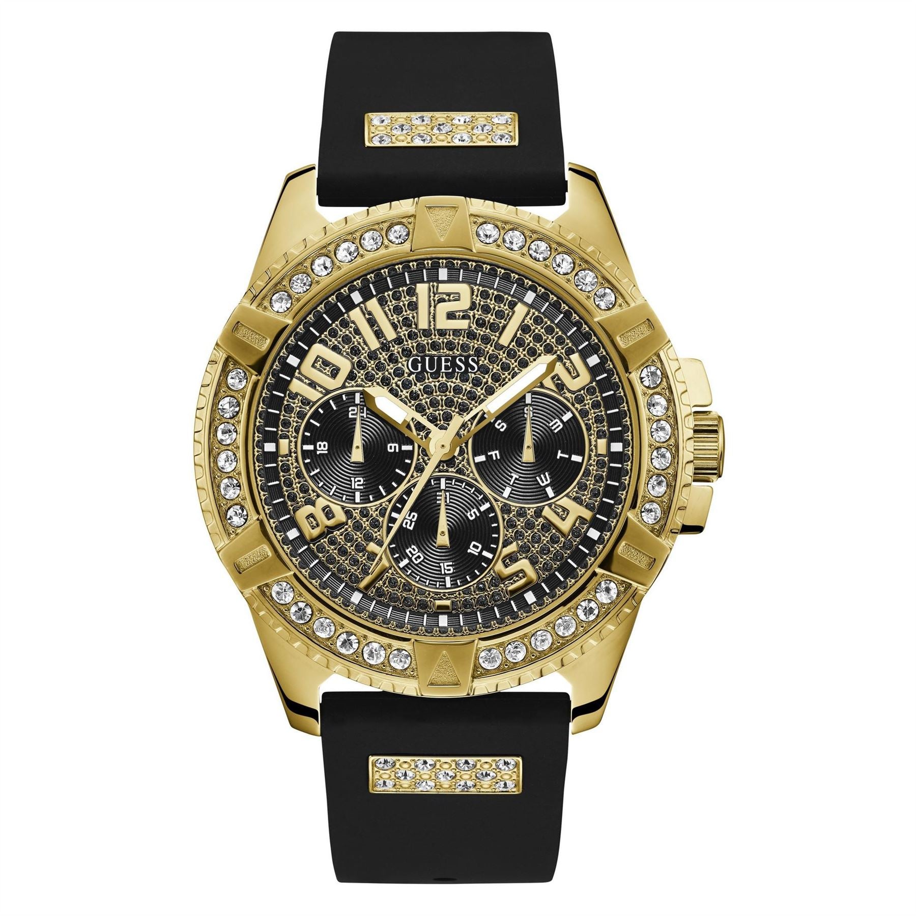 Guess Gold Analogue Fashion Watch with Black Rubber Single Wrap Strap