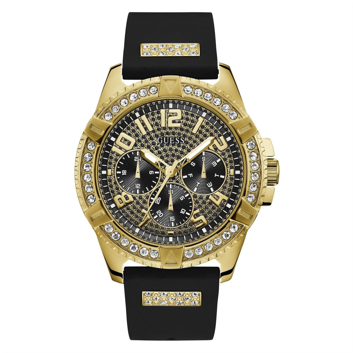 Guess Gold Analogue Fashion Watch with Black Rubber Single Wrap Strap