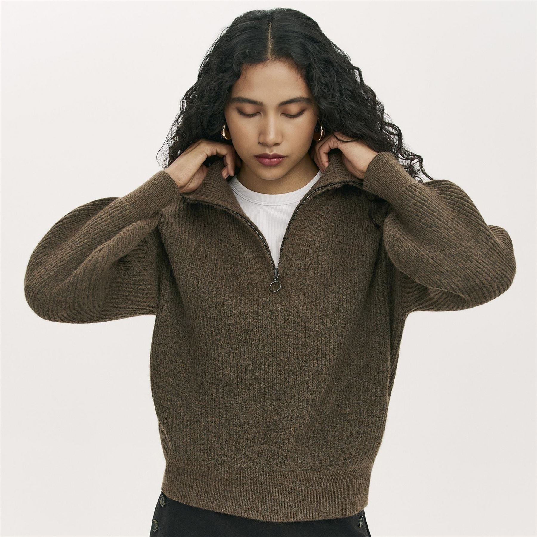 Finery Maddy Zip Neck Funnel Long Sleeve Sweater