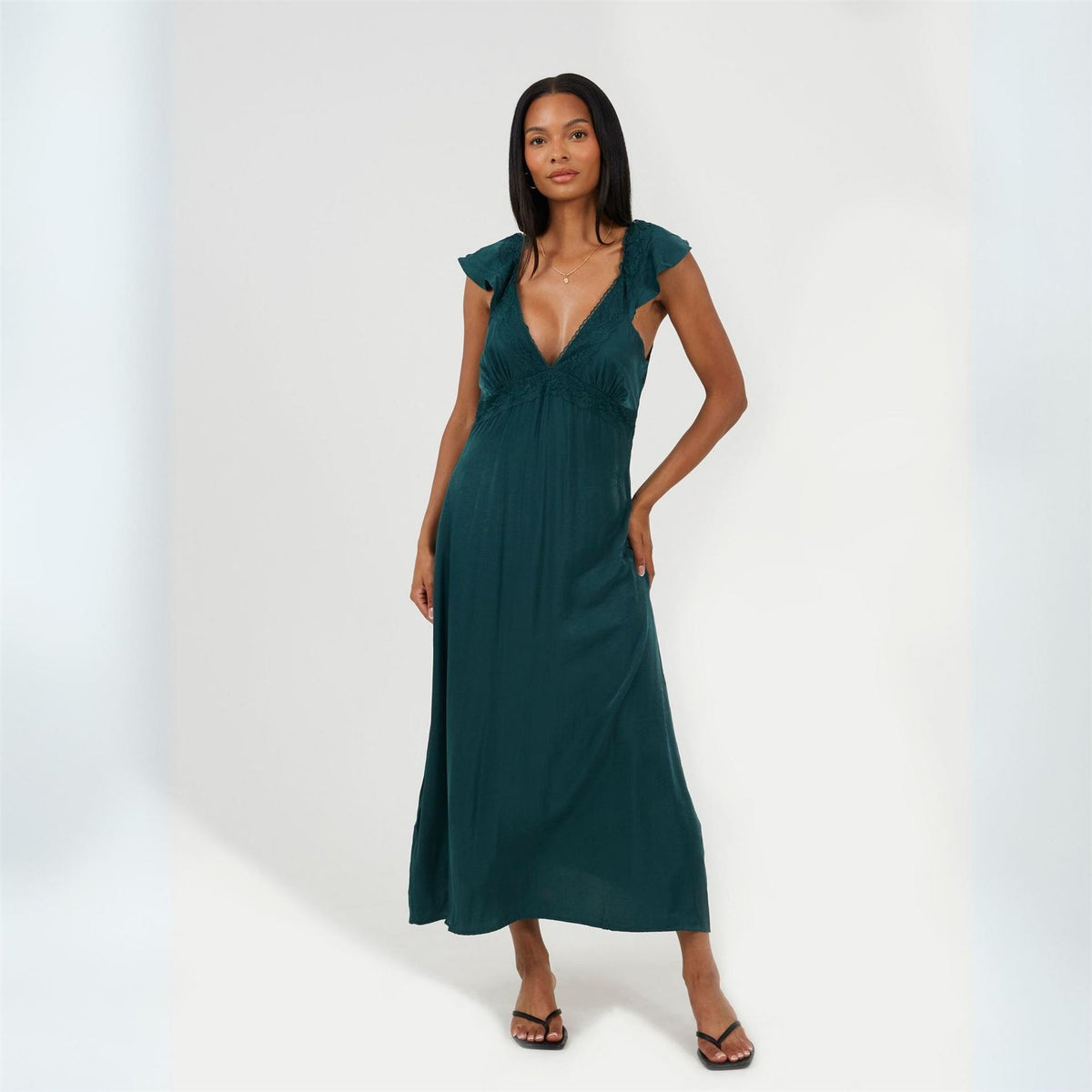 Brave Soul Lace Trim V Neck Midi Dress with Frill