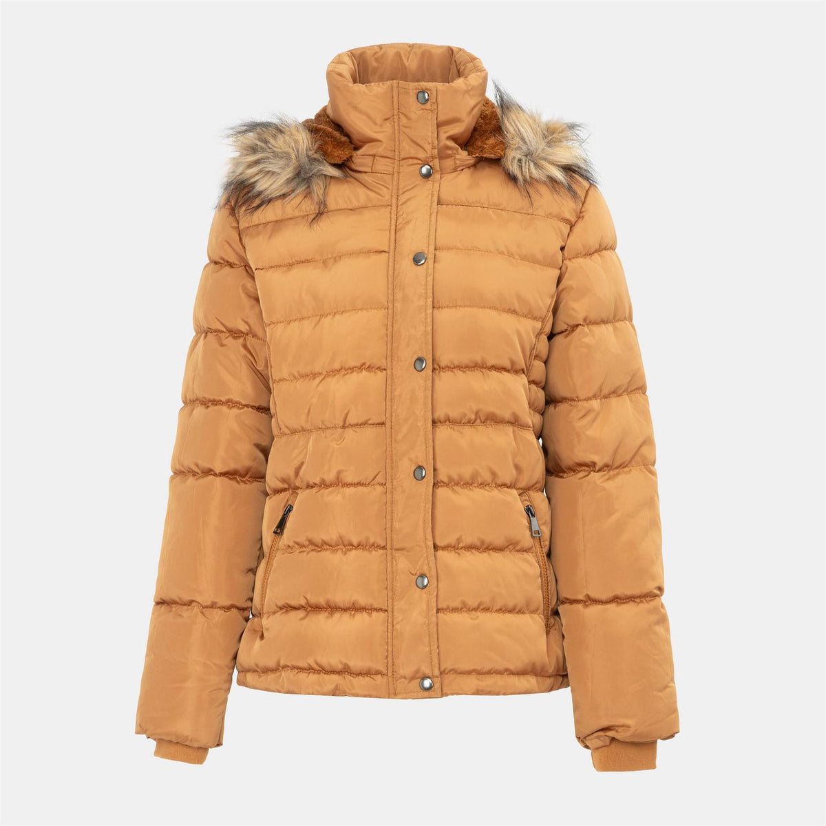 I Saw It First Solid Patterned Hooded Snap Button Fur Trim Ribbed Cuff Parka Jacket