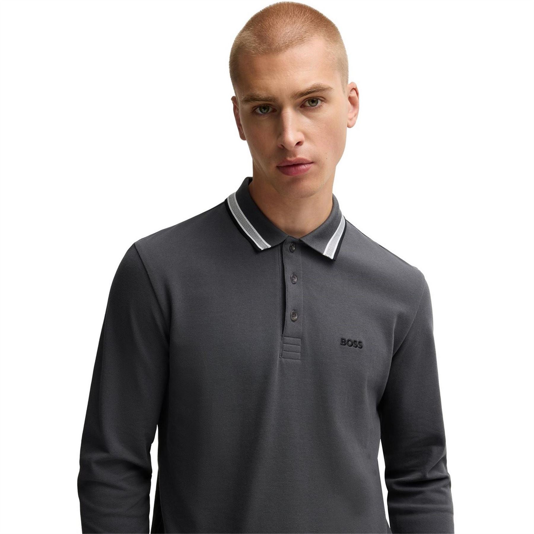 Boss Plisy Tipped Collar Cotton Long Sleeve Polo Shirt