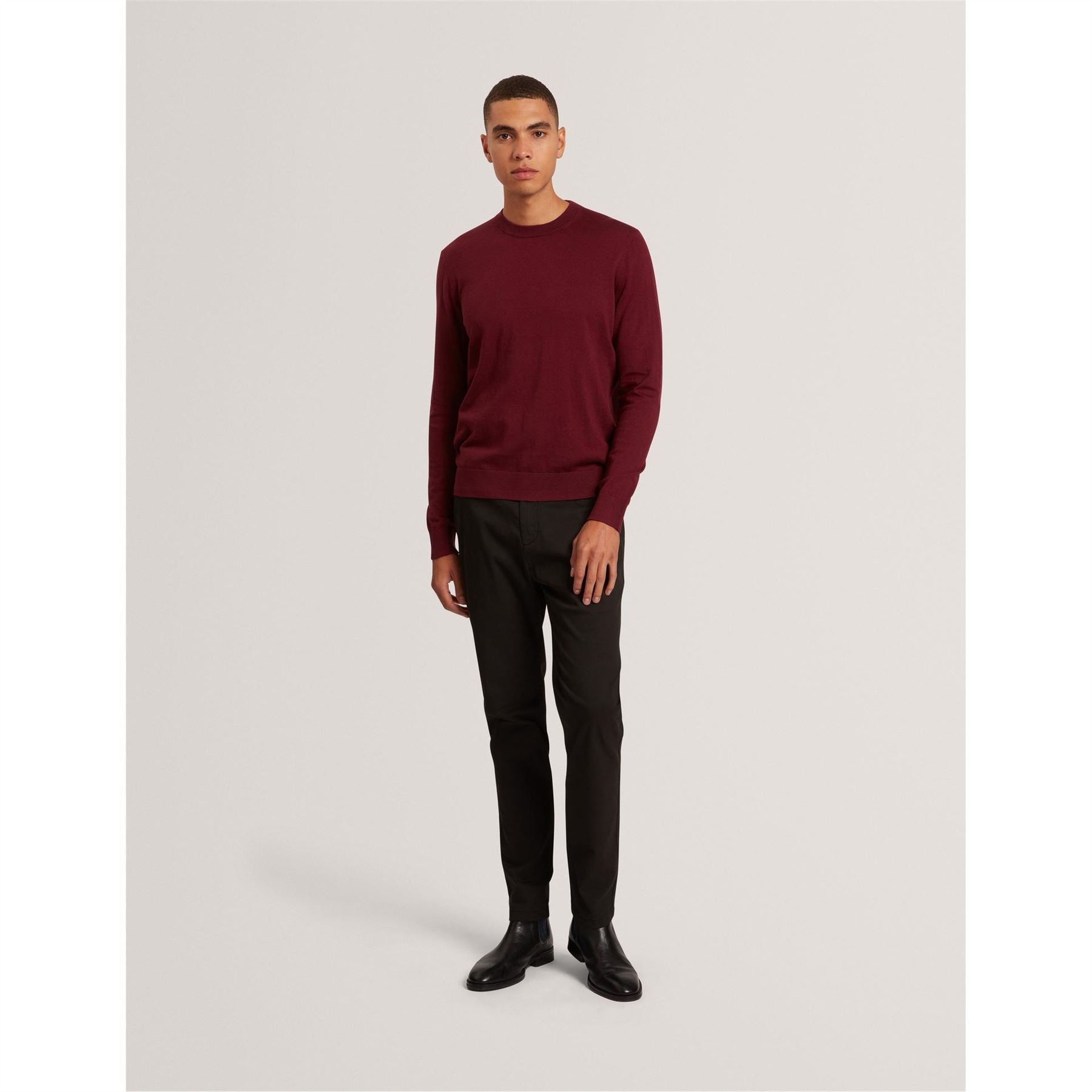 Ted Baker Merino Crew Neck Ribbed Collar Long Sleeve Sweater