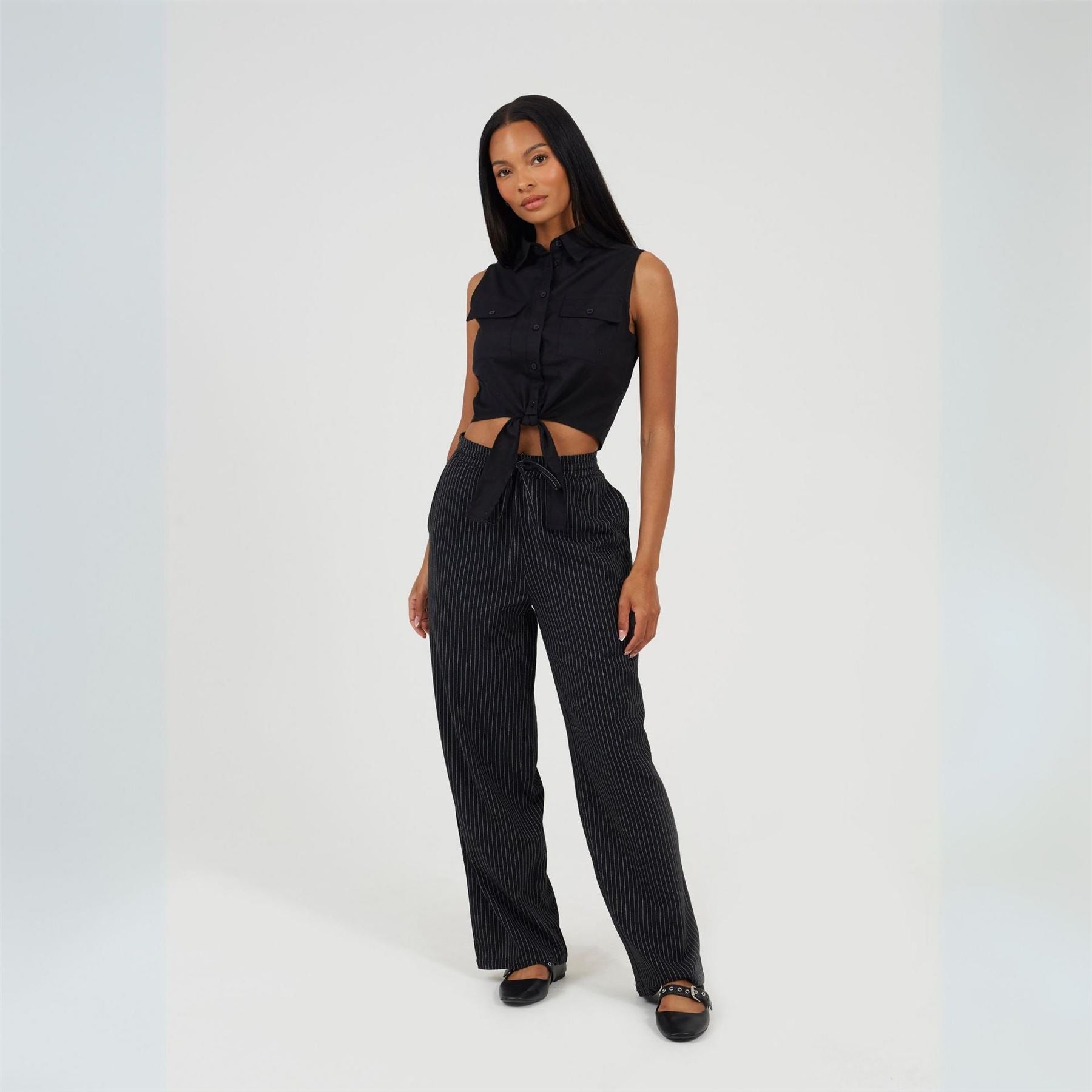 Brave Soul Womens Sleeveless Collared Top With Tie Detail