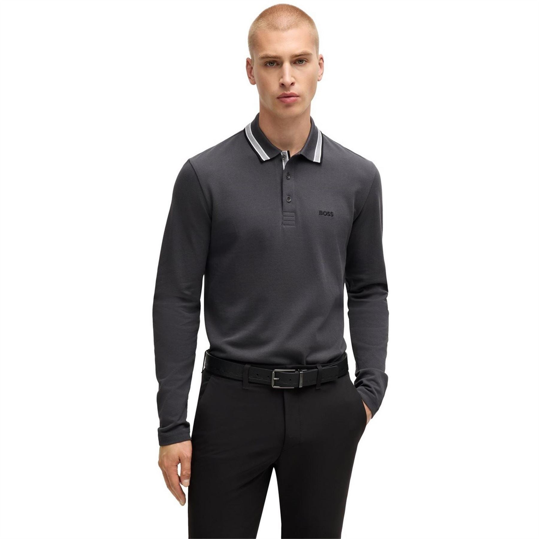 Boss Plisy Tipped Collar Cotton Long Sleeve Polo Shirt