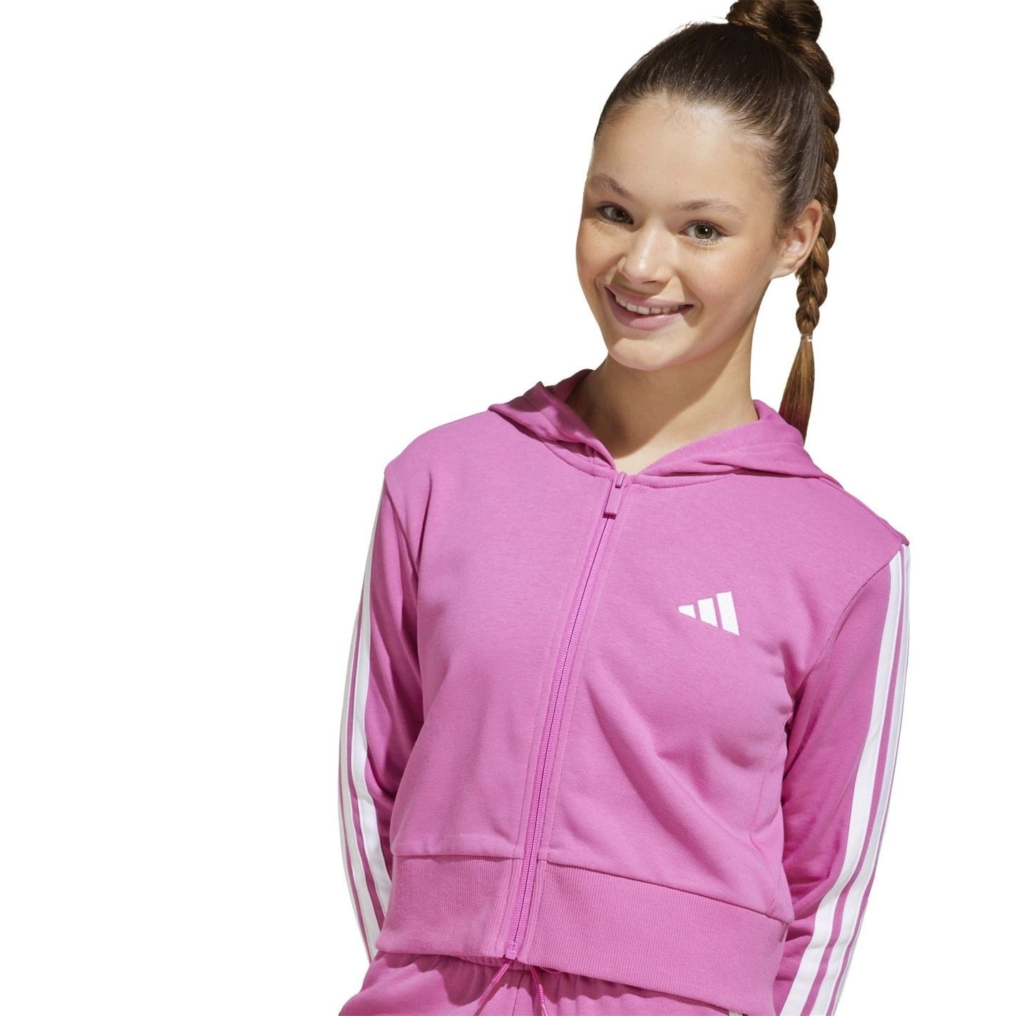 adidas 3 Stripe Essentials Full Zip Hoodie Juniors