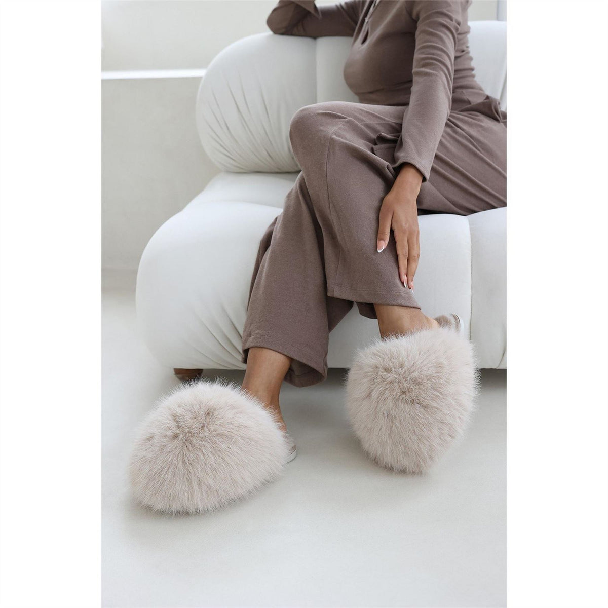 Wheres That From Ultimate Fluffy Beige Faux Fur Mule Slippers