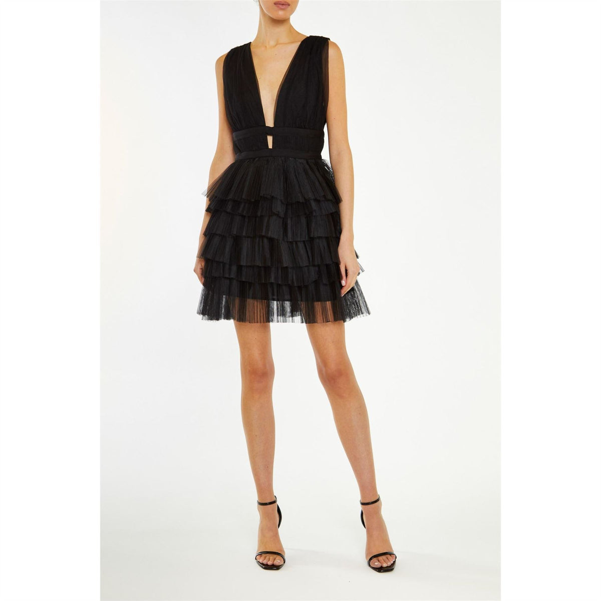 True Decadence Decadence Elle Black Plunge Front Tiered Tulle Mini Dress